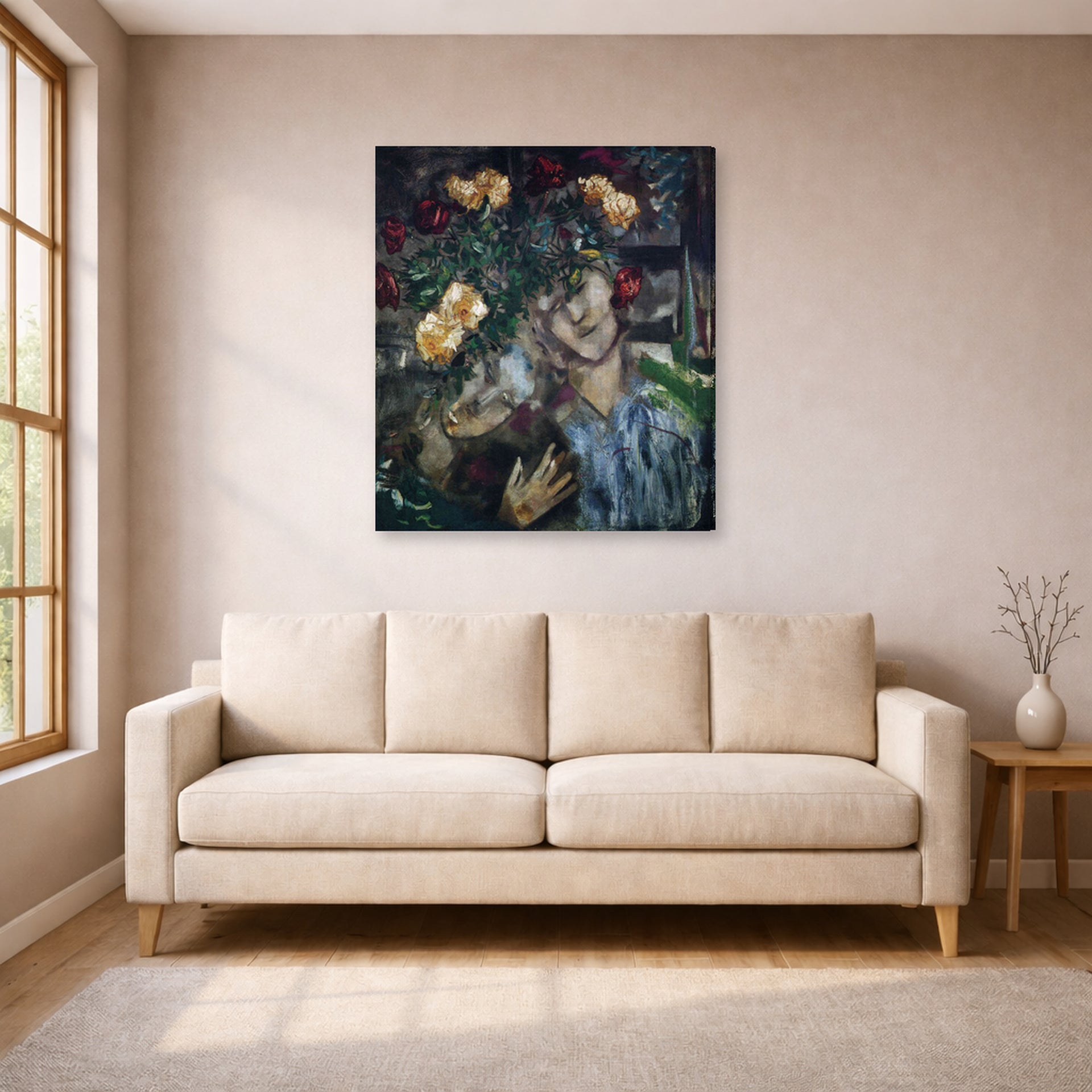 Gallery-wrapped canvas print of Marc Chagall's Lovers with Flowers displayed on a wall in a living room