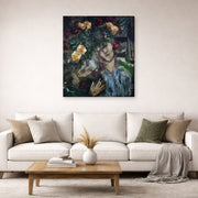 Gallery-wrapped canvas print of Marc Chagall's Lovers with Flowers displayed on a wall in a living room