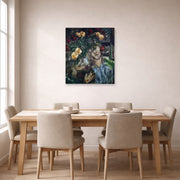 Unframed poster print of Marc Chagall's Lovers with Flowers displayed on a wall in a dining room
