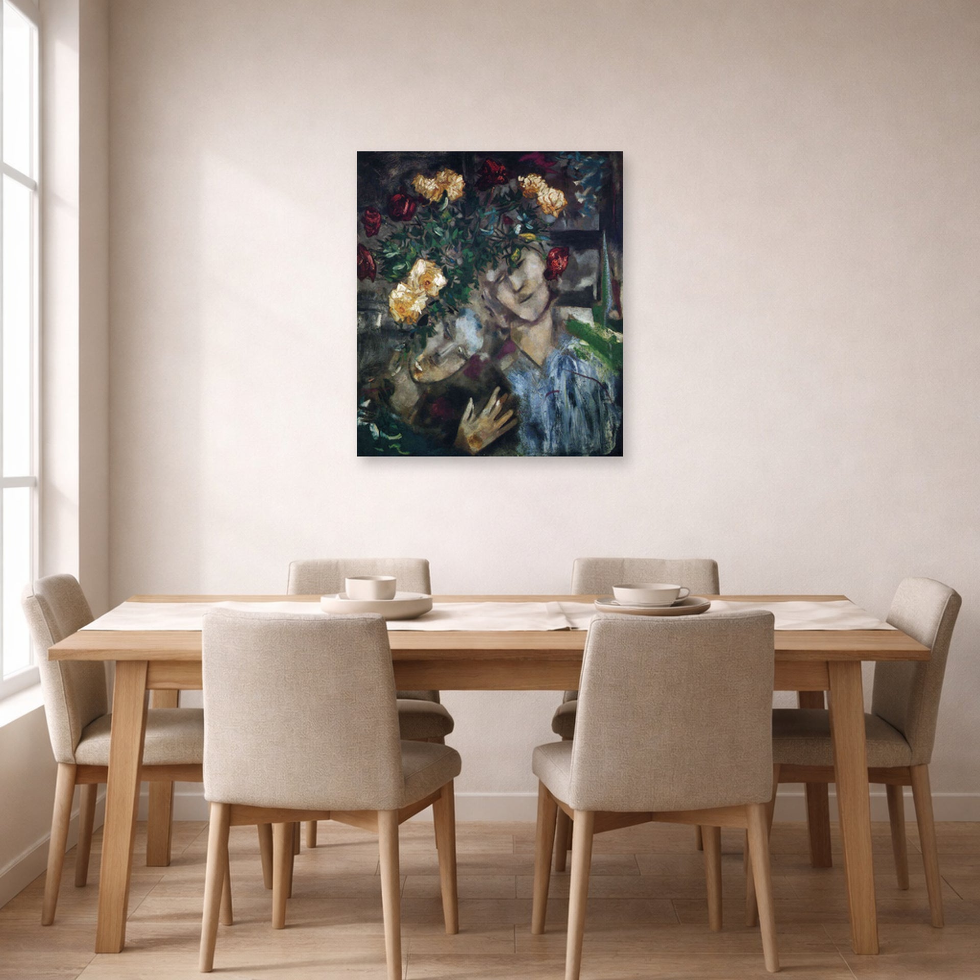 Unframed poster print of Marc Chagall's Lovers with Flowers displayed on a wall in a dining room