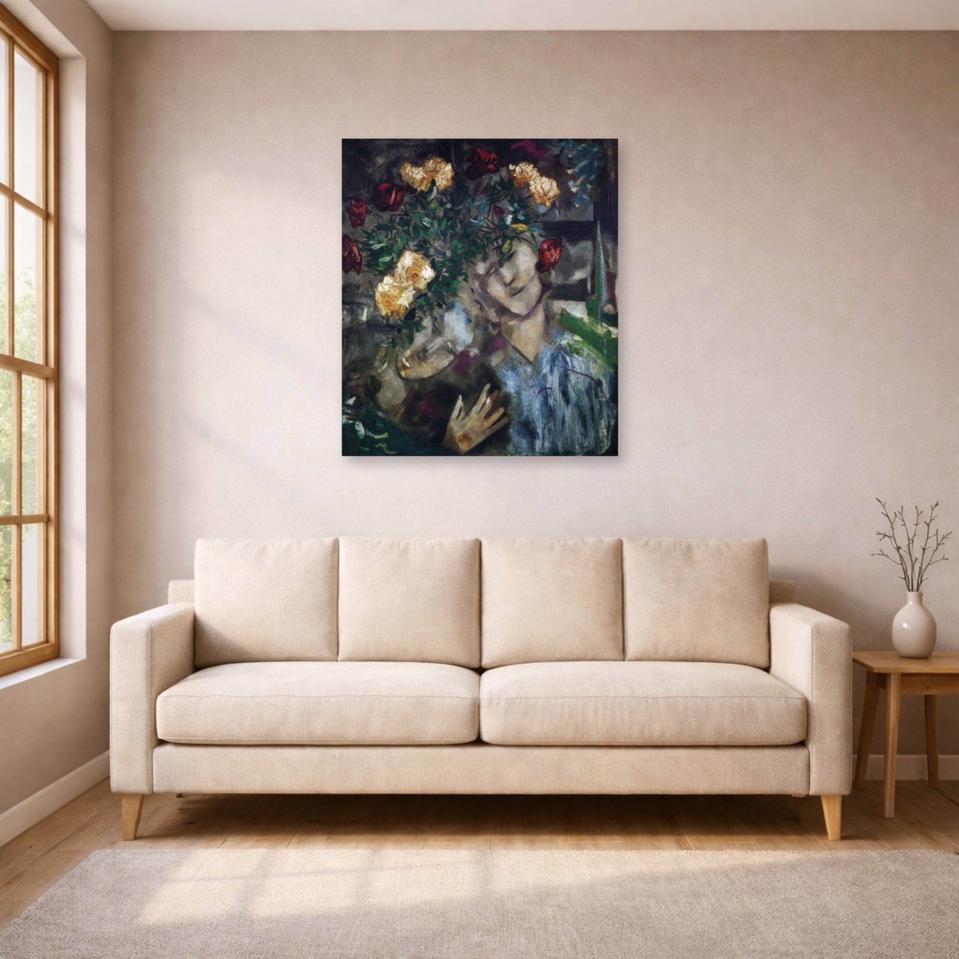 Unframed poster print of Marc Chagall's Lovers with Flowers displayed on a wall in a living room