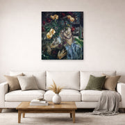 Unframed poster print of Marc Chagall's Lovers with Flowers displayed on a wall in a living room