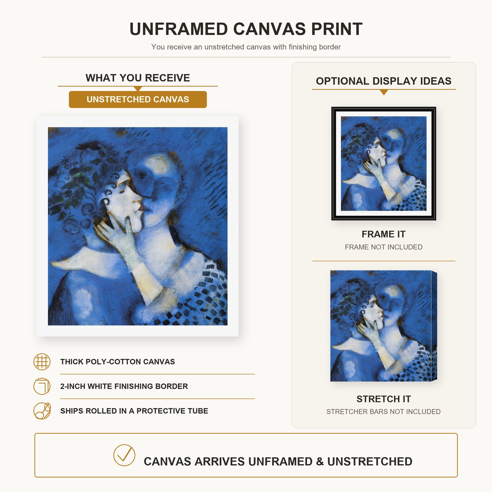 Marc Chagall - Lovers in Blue canvas print size comparison and framing display infographic