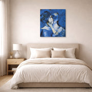 Gallery-wrapped canvas print of Marc Chagall's Lovers in Blue displayed on a wall in a bedroom