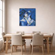 Gallery-wrapped canvas print of Marc Chagall's Lovers in Blue displayed on a wall in a dining room