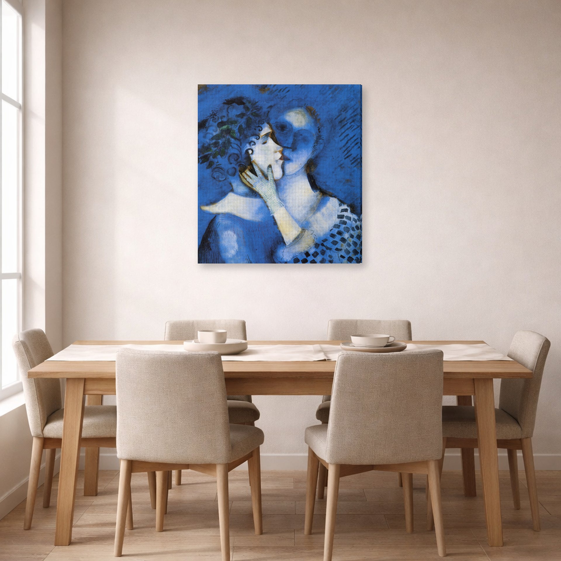 Gallery-wrapped canvas print of Marc Chagall's Lovers in Blue displayed on a wall in a dining room
