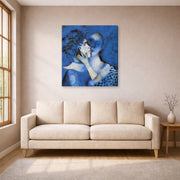 Gallery-wrapped canvas print of Marc Chagall's Lovers in Blue displayed on a wall in a living room