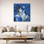 Gallery-wrapped canvas print of Marc Chagall's Lovers in Blue displayed on a wall in a living room