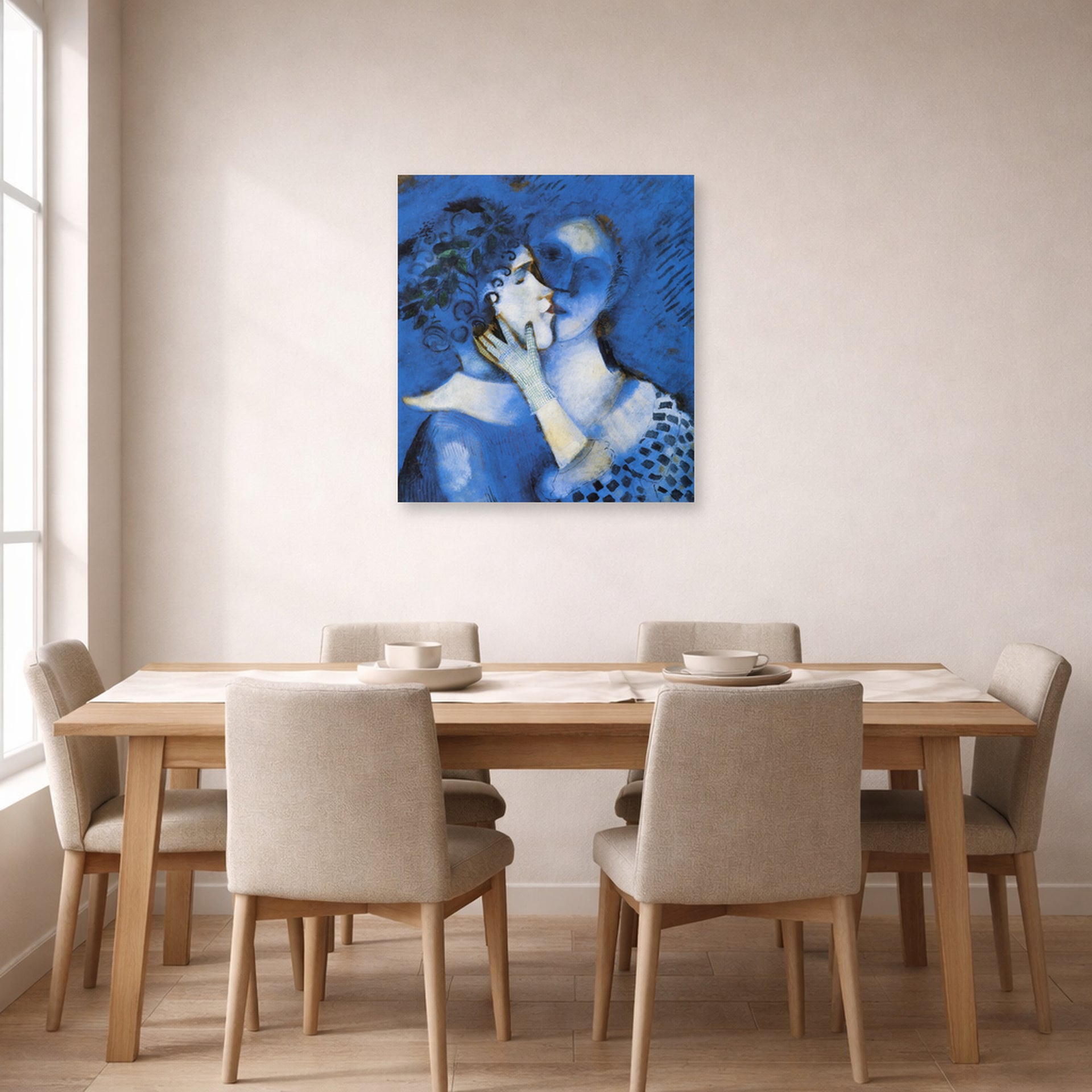 Unframed poster print of Marc Chagall's Lovers in Blue displayed on a wall in a dining room