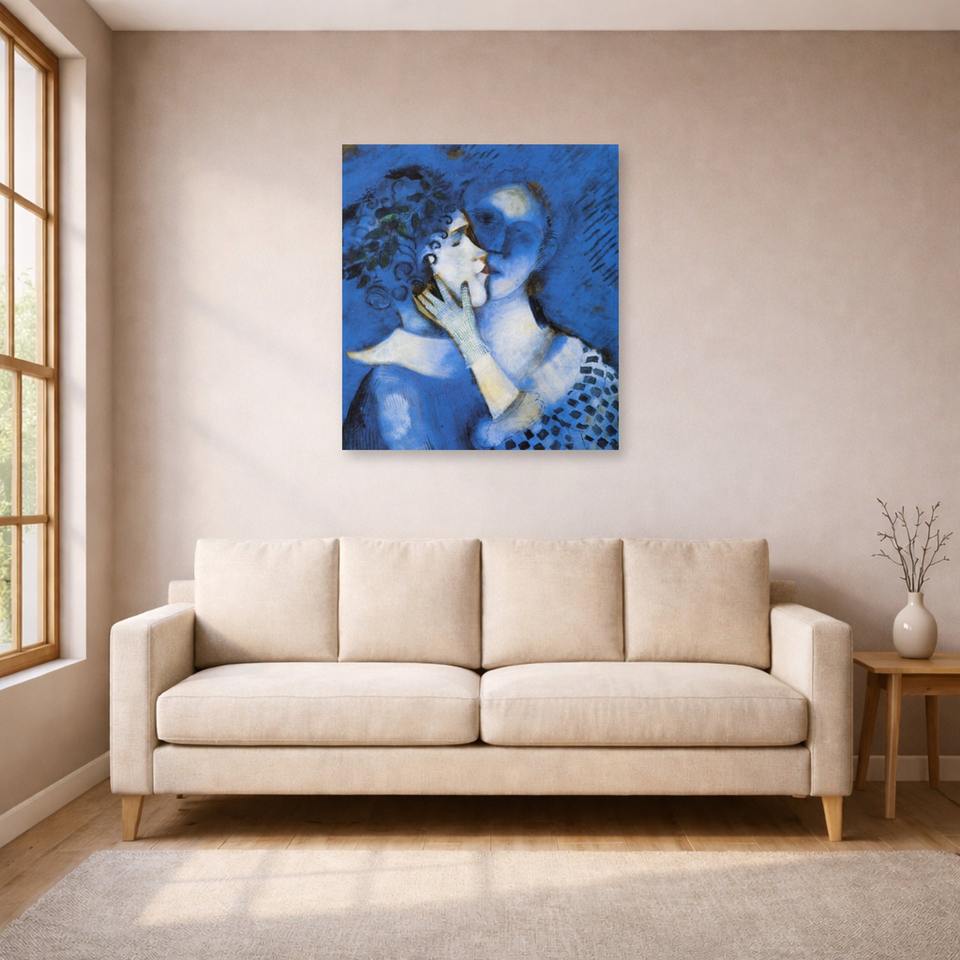 Unframed poster print of Marc Chagall's Lovers in Blue displayed on a wall in a living room