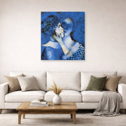 Unframed poster print of Marc Chagall's Lovers in Blue displayed on a wall in a living room