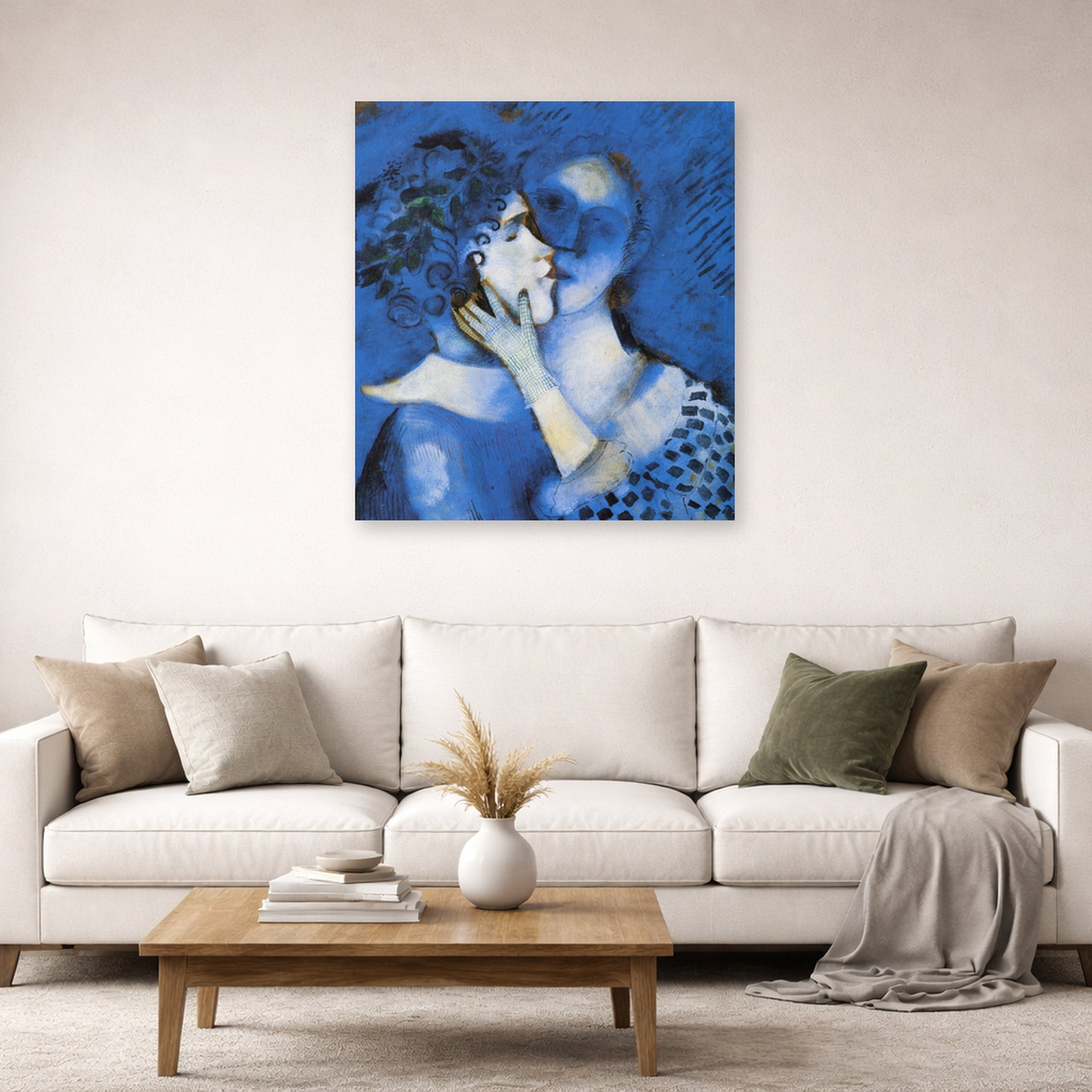 Unframed poster print of Marc Chagall's Lovers in Blue displayed on a wall in a living room