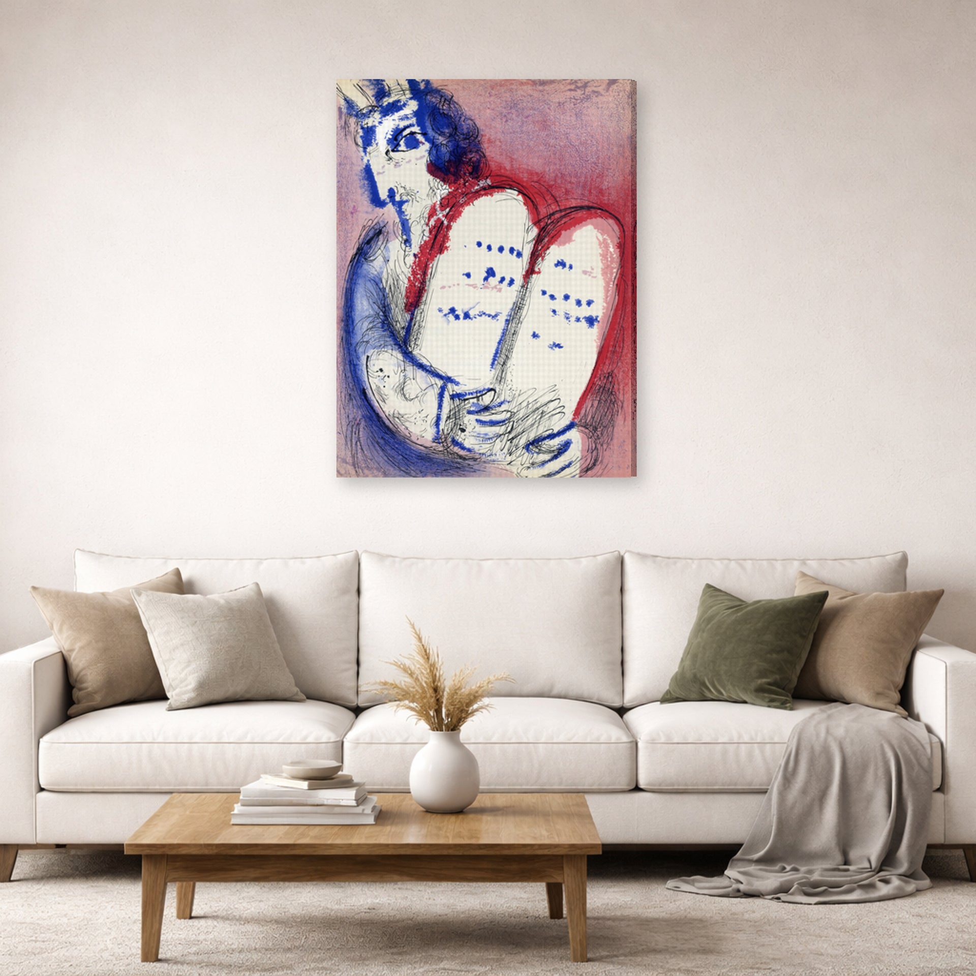 Gallery-wrapped canvas print of Marc Chagall's Moses with the Tablets of Law displayed on a wall in a living room