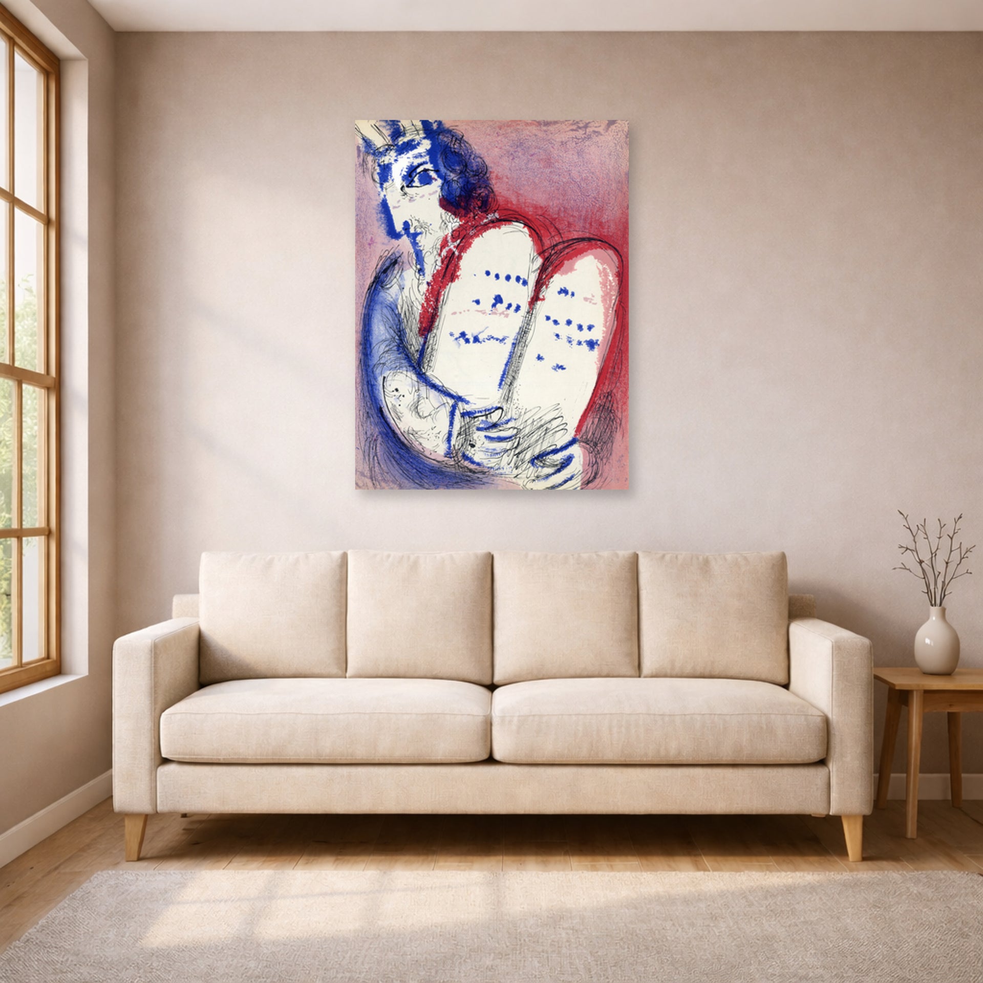 Unframed poster print of Marc Chagall's Moses with the Tablets of Law displayed on a wall in a living room