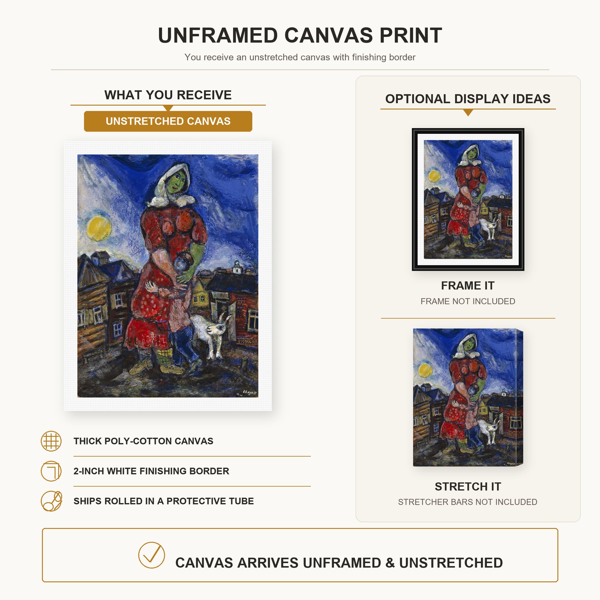 Marc Chagall - Mother and Child canvas print size comparison and framing display infographic