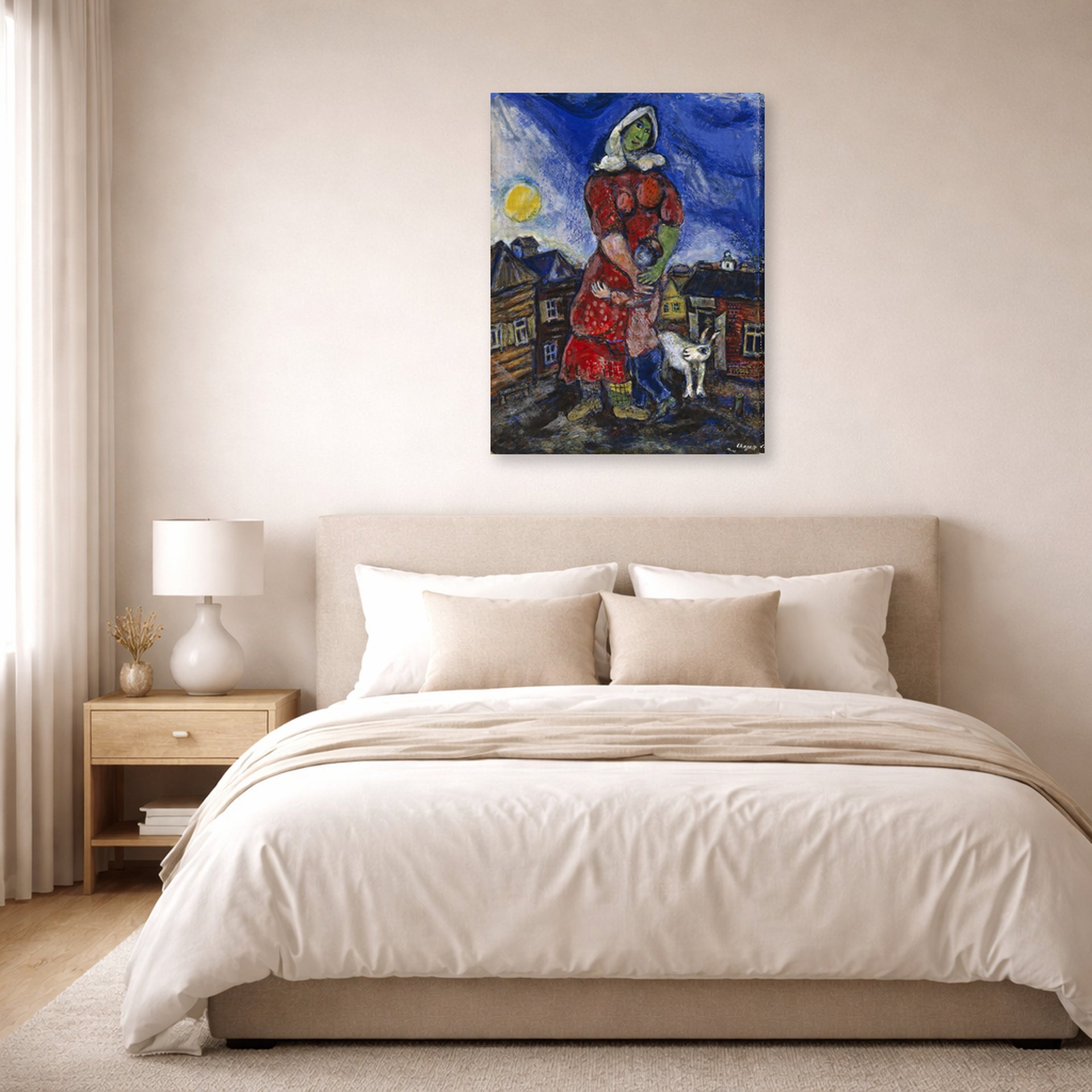 Gallery-wrapped canvas print of Marc Chagall's Mother and Child displayed on a wall in a bedroom