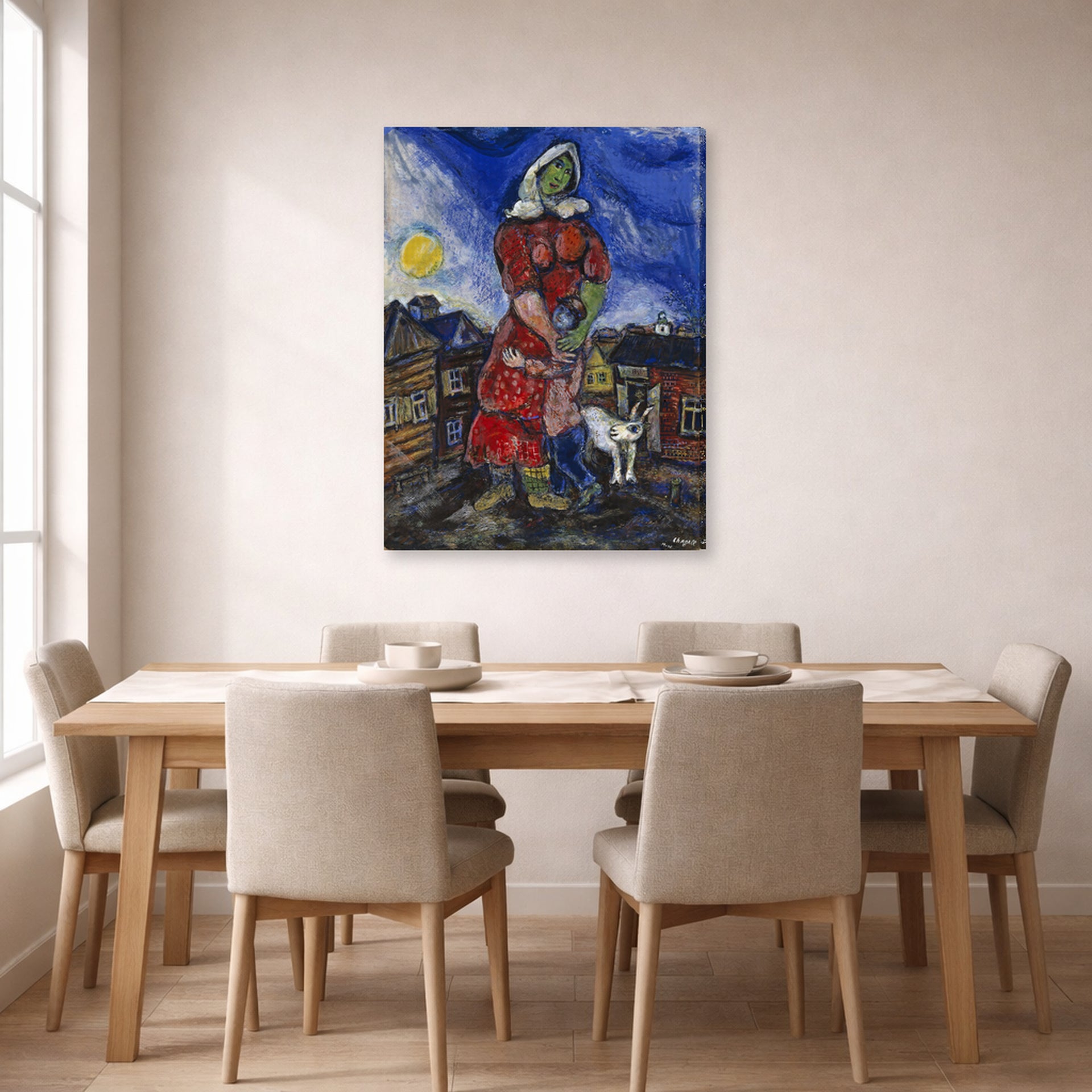 Gallery-wrapped canvas print of Marc Chagall's Mother and Child displayed on a wall in a dining room