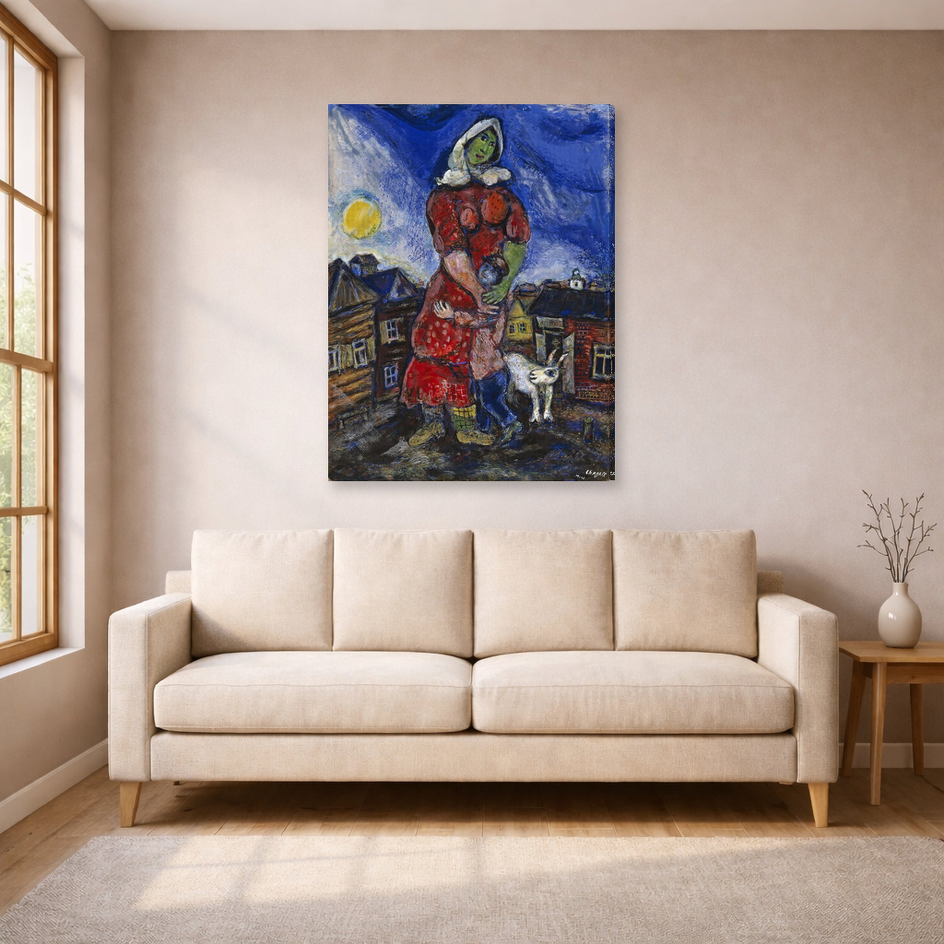 Gallery-wrapped canvas print of Marc Chagall's Mother and Child displayed on a wall in a living room