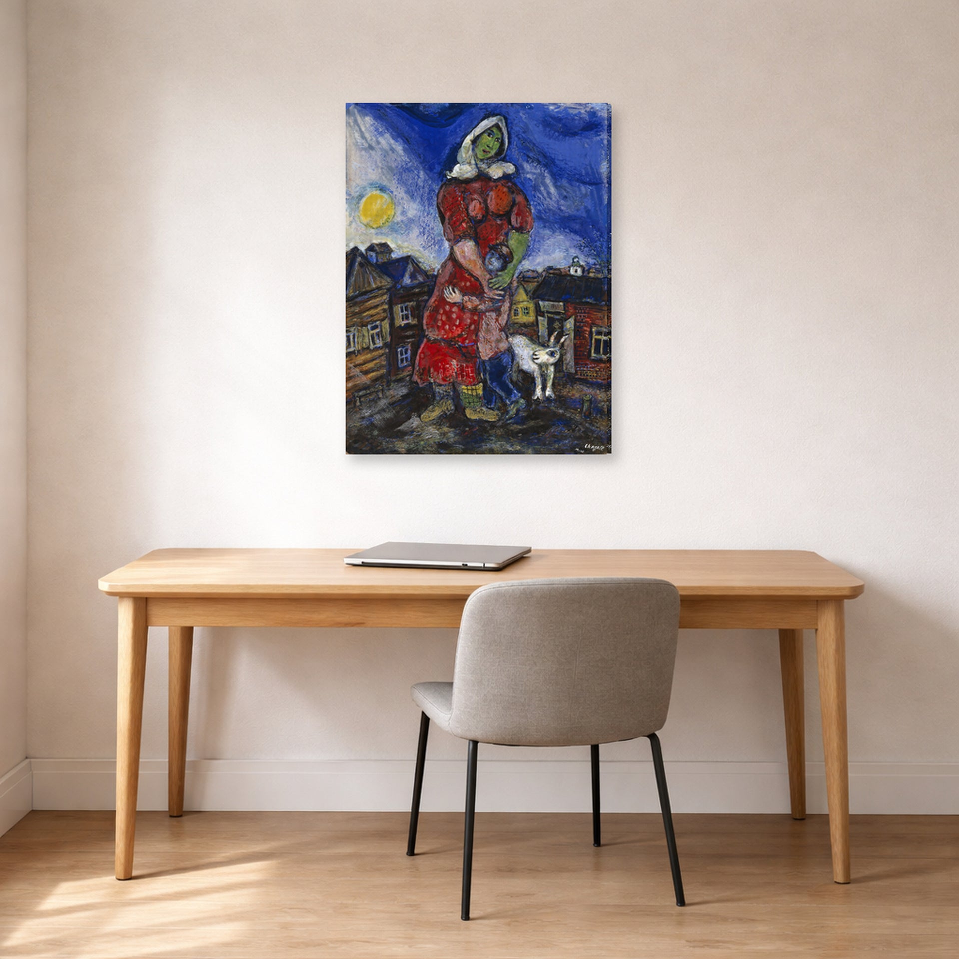 Gallery-wrapped canvas print of Marc Chagall's Mother and Child displayed on a wall in an office