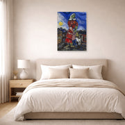 Unframed poster print of Marc Chagall's Mother and Child displayed on a wall in a bedroom