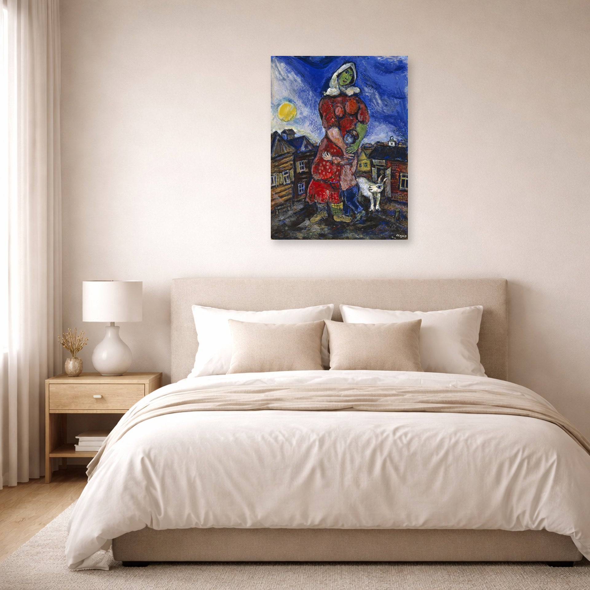 Unframed poster print of Marc Chagall's Mother and Child displayed on a wall in a bedroom