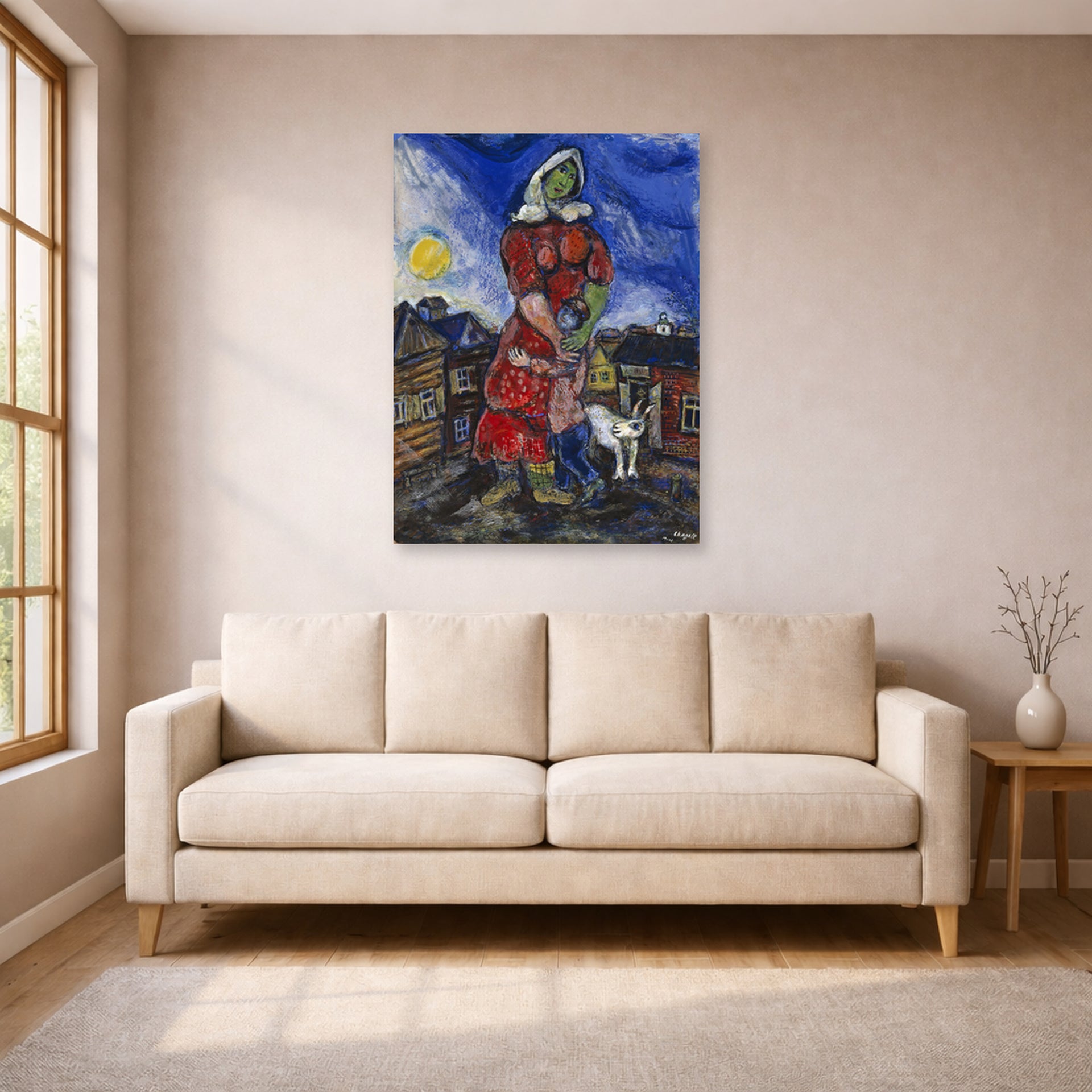 Unframed poster print of Marc Chagall's Mother and Child displayed on a wall in a living room