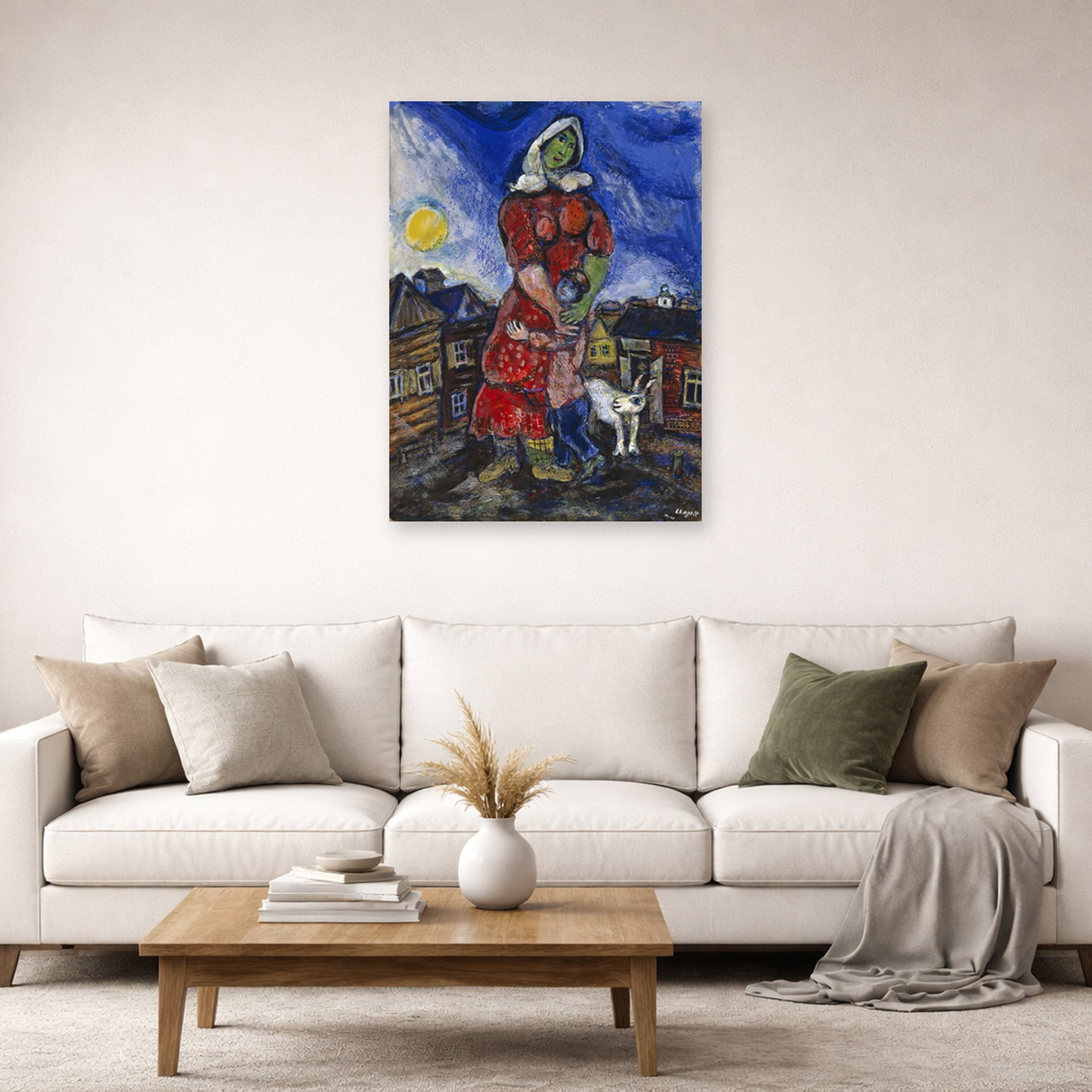 Unframed poster print of Marc Chagall's Mother and Child displayed on a wall in a living room