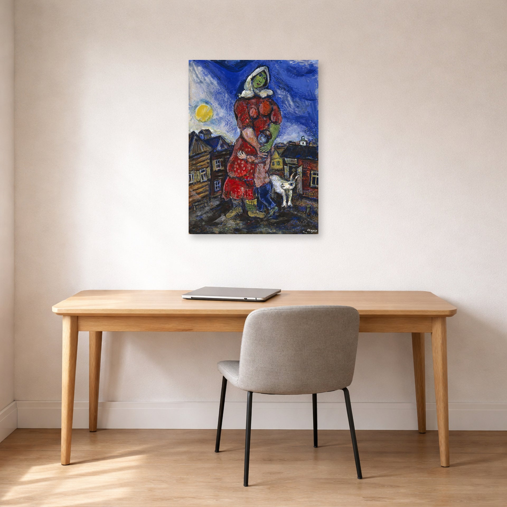 Unframed poster print of Marc Chagall's Mother and Child displayed on a wall in an office