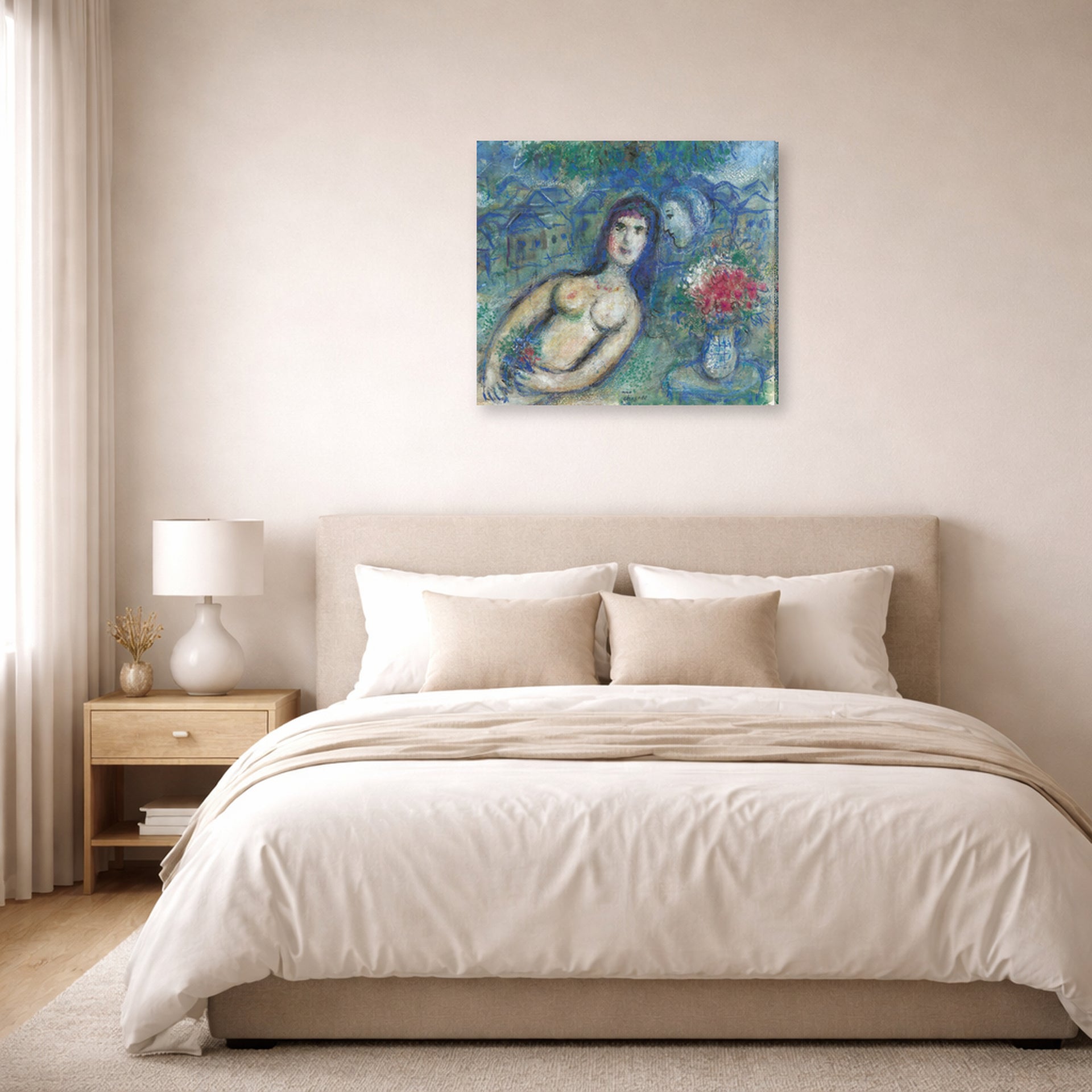 Gallery-wrapped canvas print of Marc Chagall's Nu Incline displayed on a wall in a bedroom