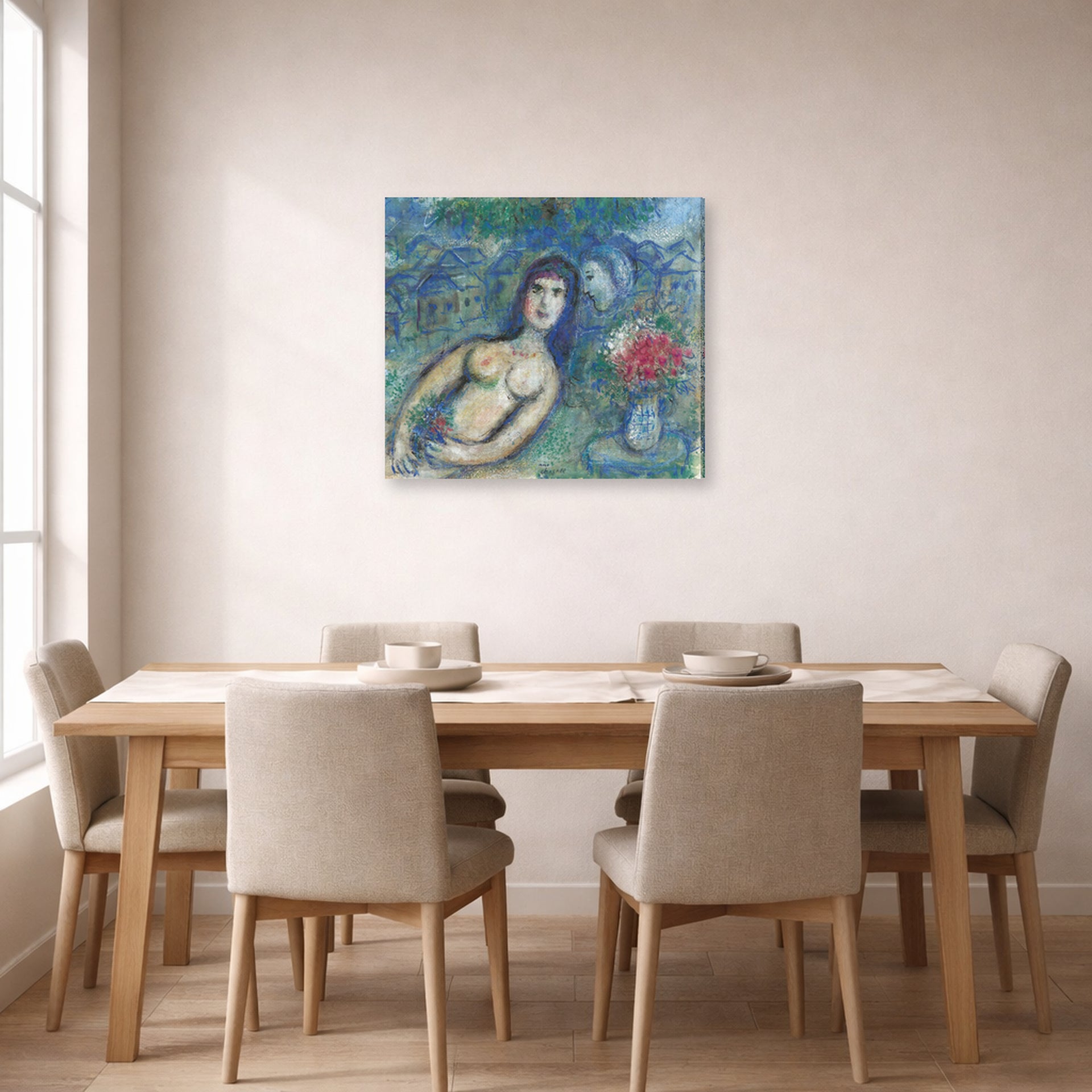 Gallery-wrapped canvas print of Marc Chagall's Nu Incline displayed on a wall in a dining room