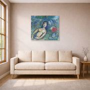 Gallery-wrapped canvas print of Marc Chagall's Nu Incline displayed on a wall in a living room
