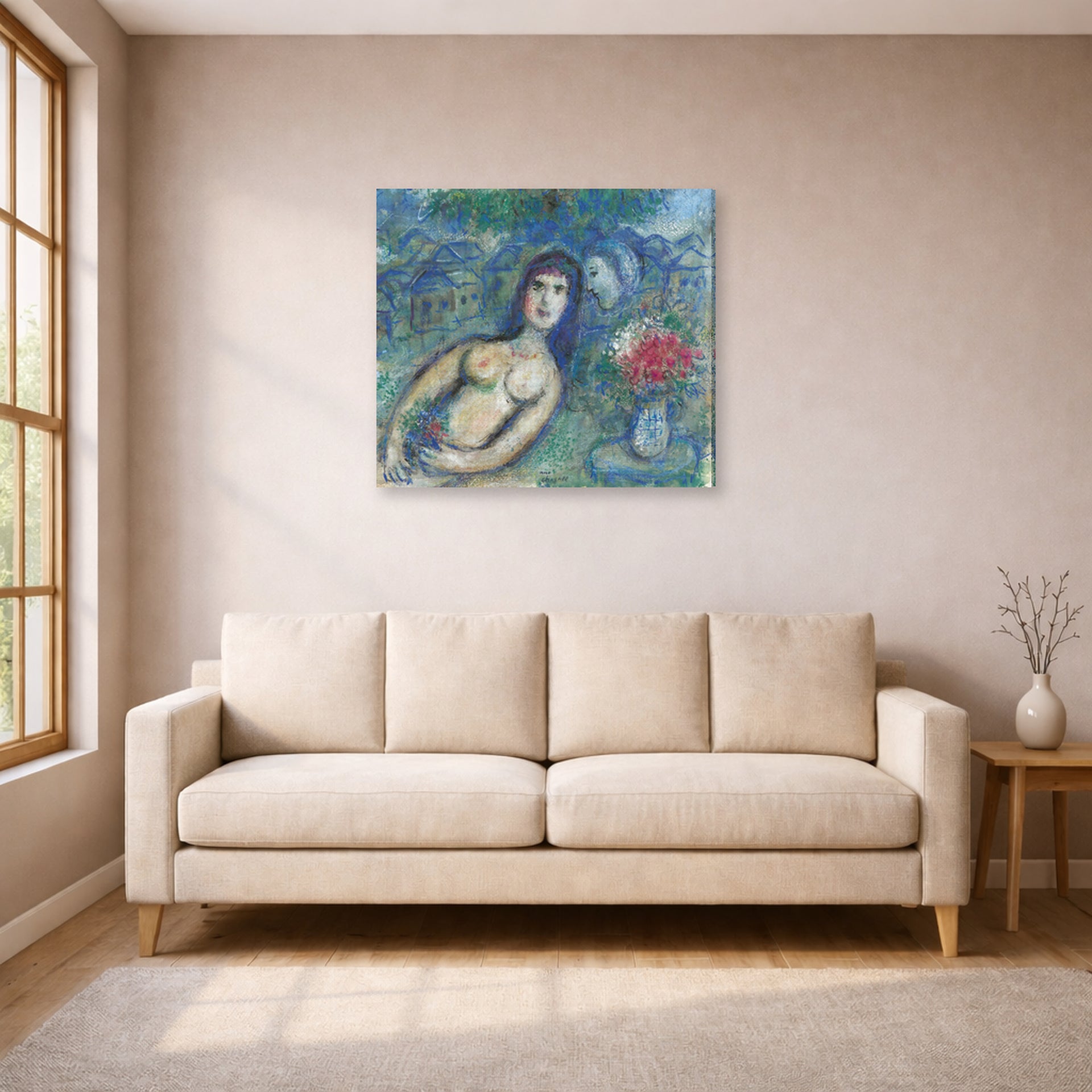 Gallery-wrapped canvas print of Marc Chagall's Nu Incline displayed on a wall in a living room