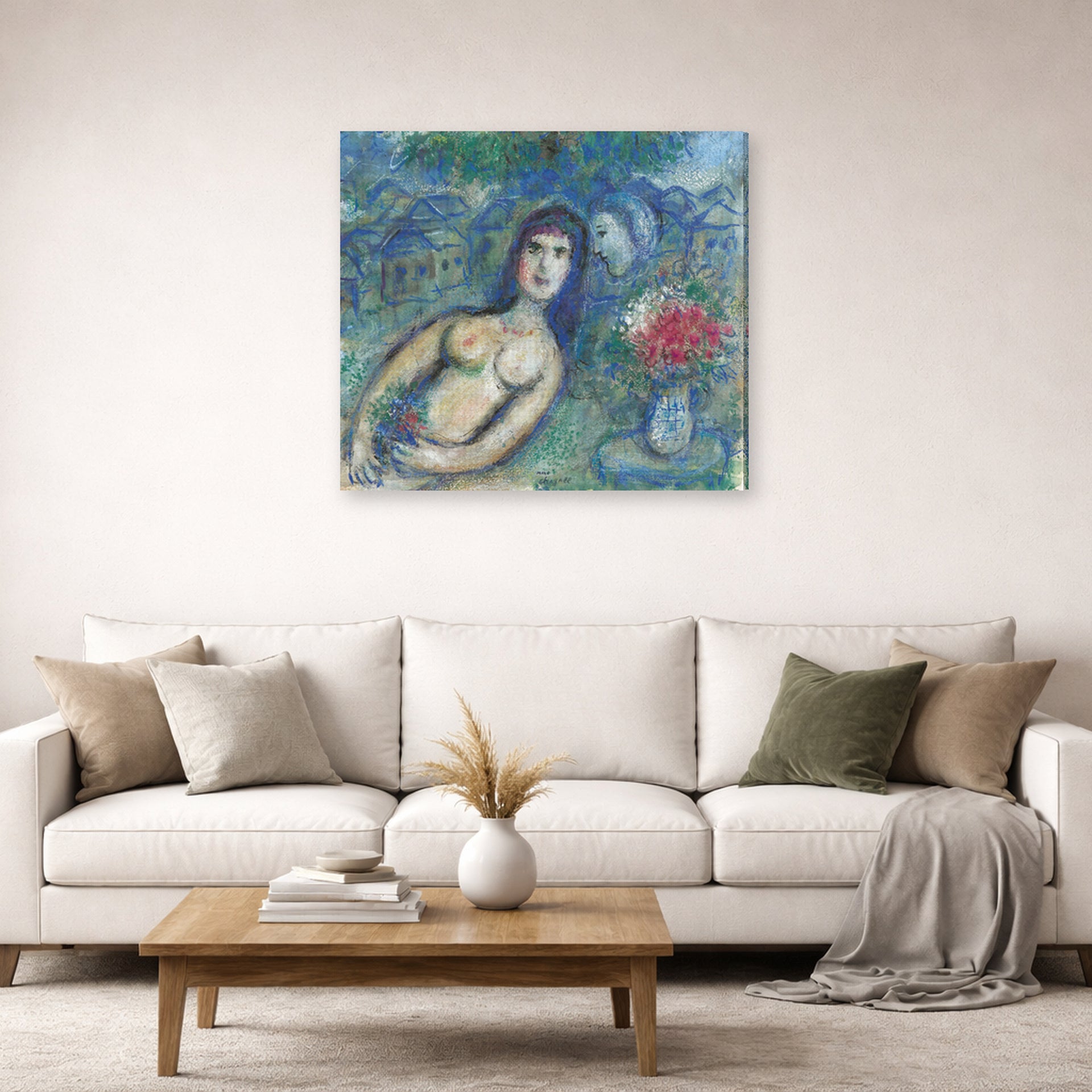 Gallery-wrapped canvas print of Marc Chagall's Nu Incline displayed on a wall in a living room