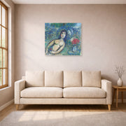 Unframed poster print of Marc Chagall's Nu Incline displayed on a wall in a living room