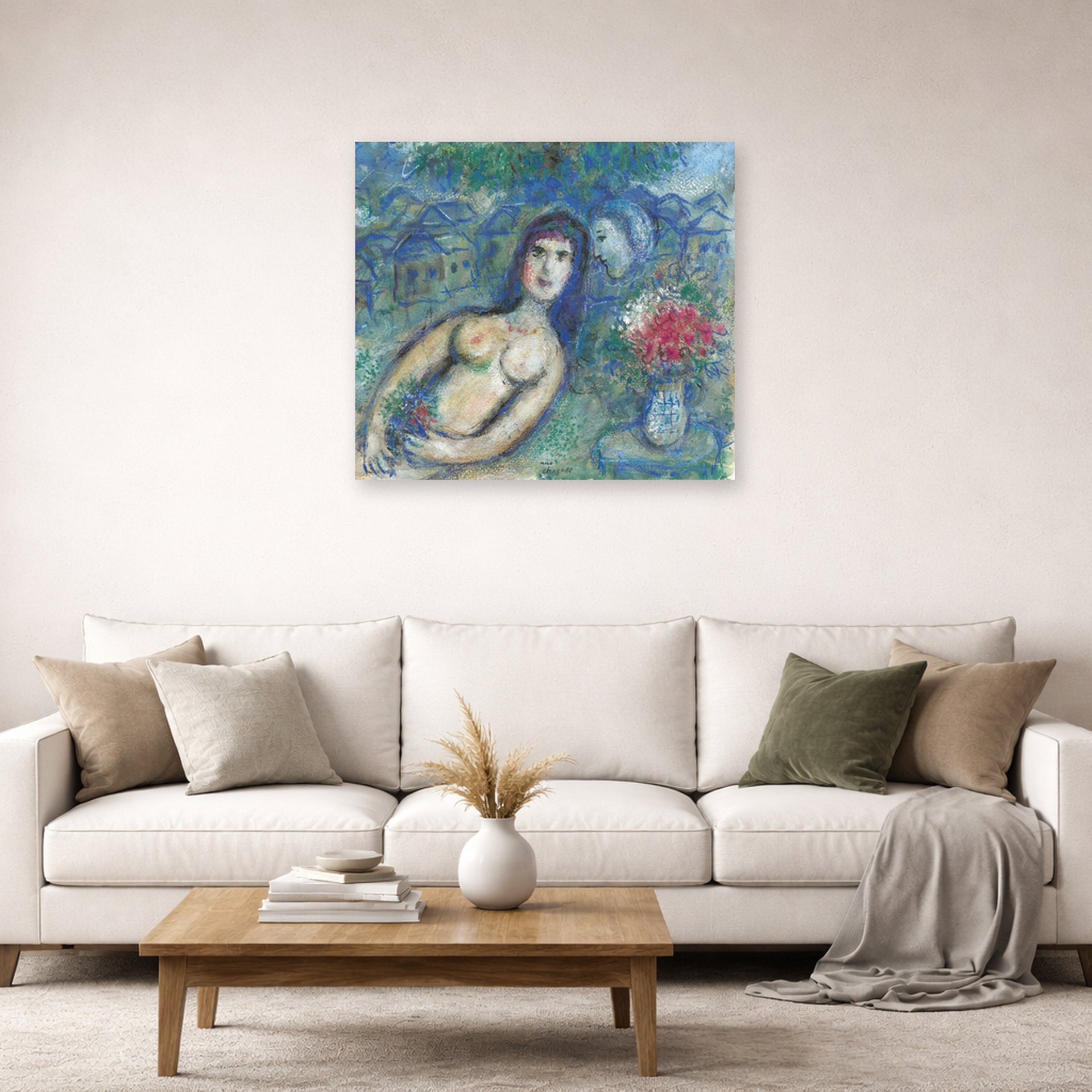 Unframed poster print of Marc Chagall's Nu Incline displayed on a wall in a living room