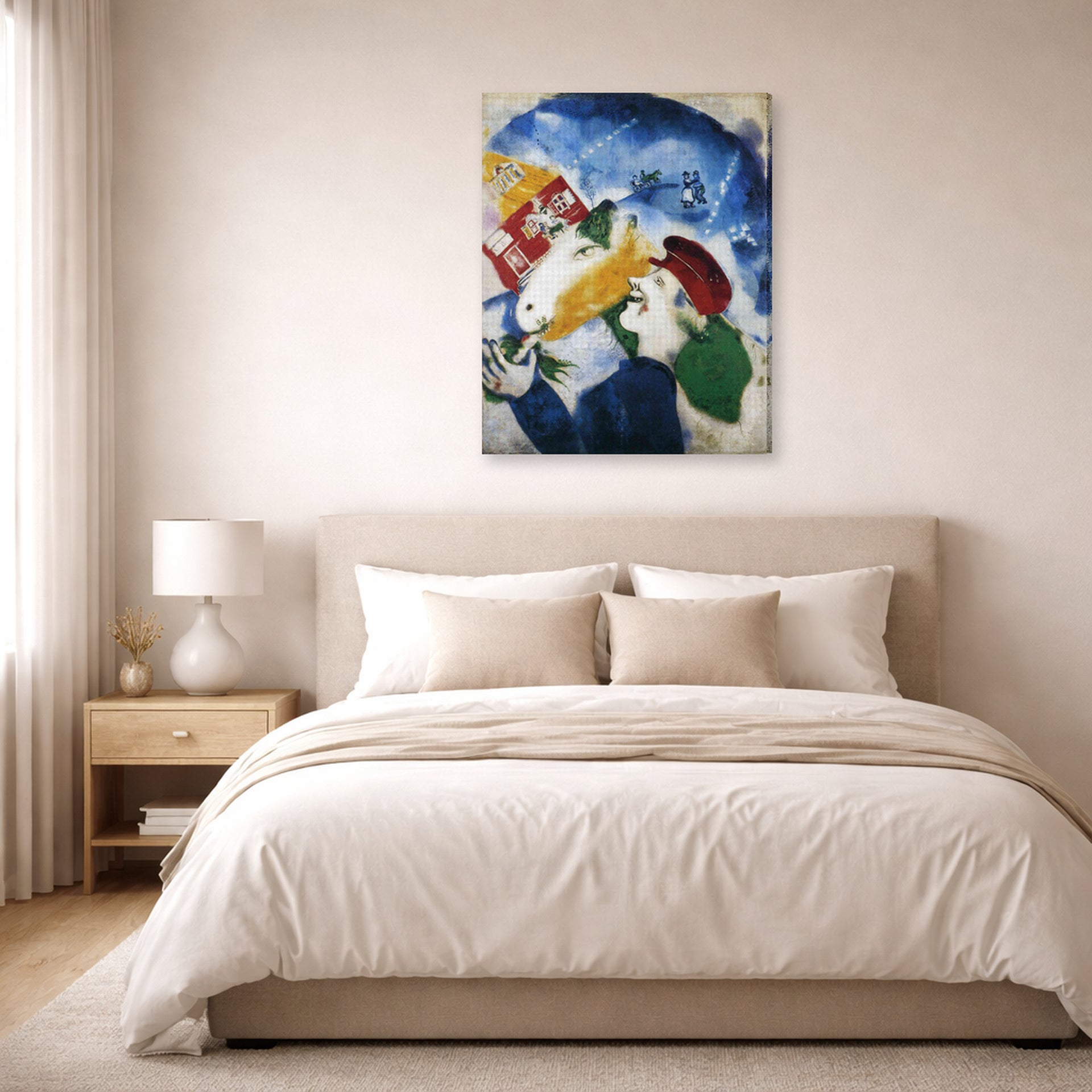 Gallery-wrapped canvas print of Marc Chagall's Peasant Life displayed on a wall in a bedroom