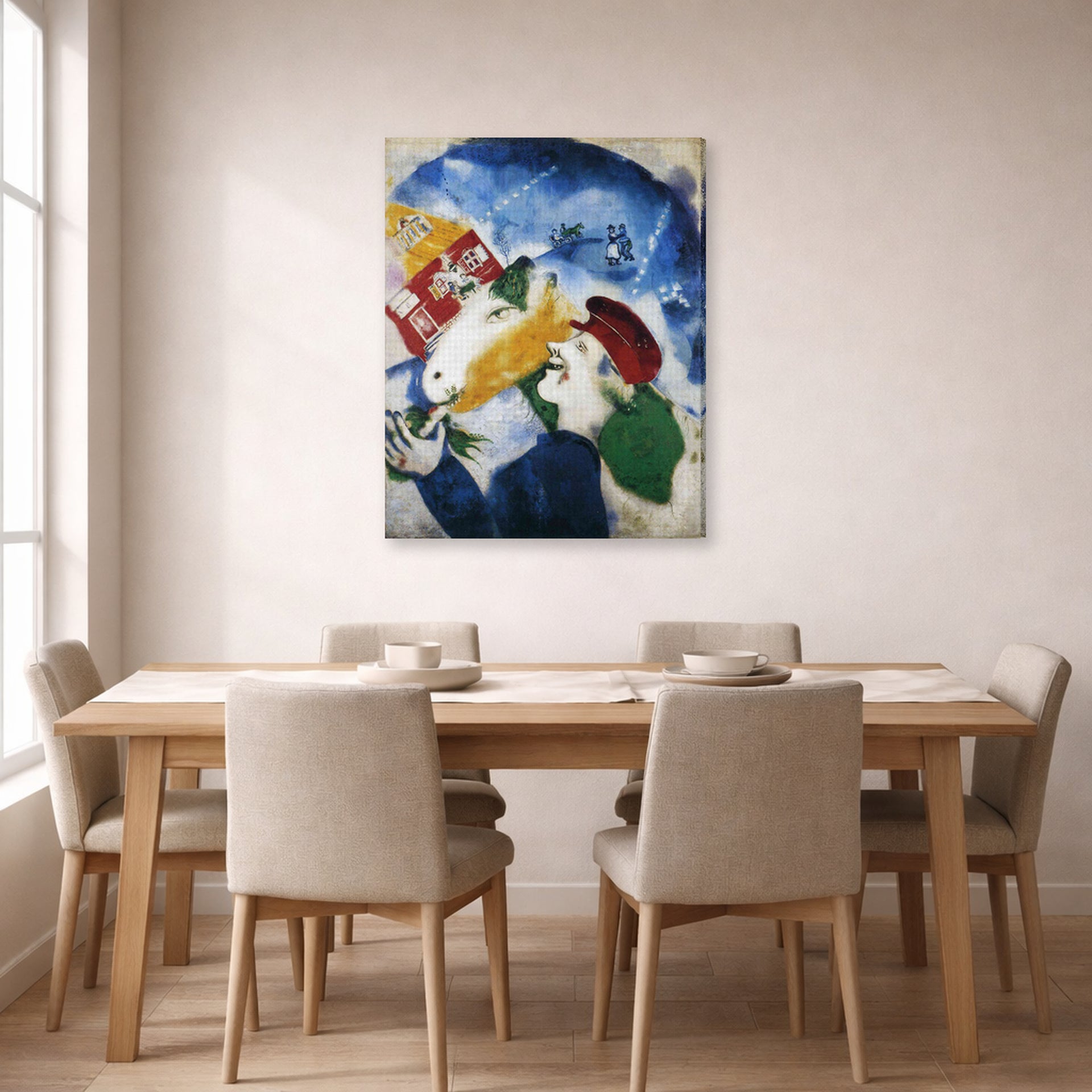Gallery-wrapped canvas print of Marc Chagall's Peasant Life displayed on a wall in a dining room