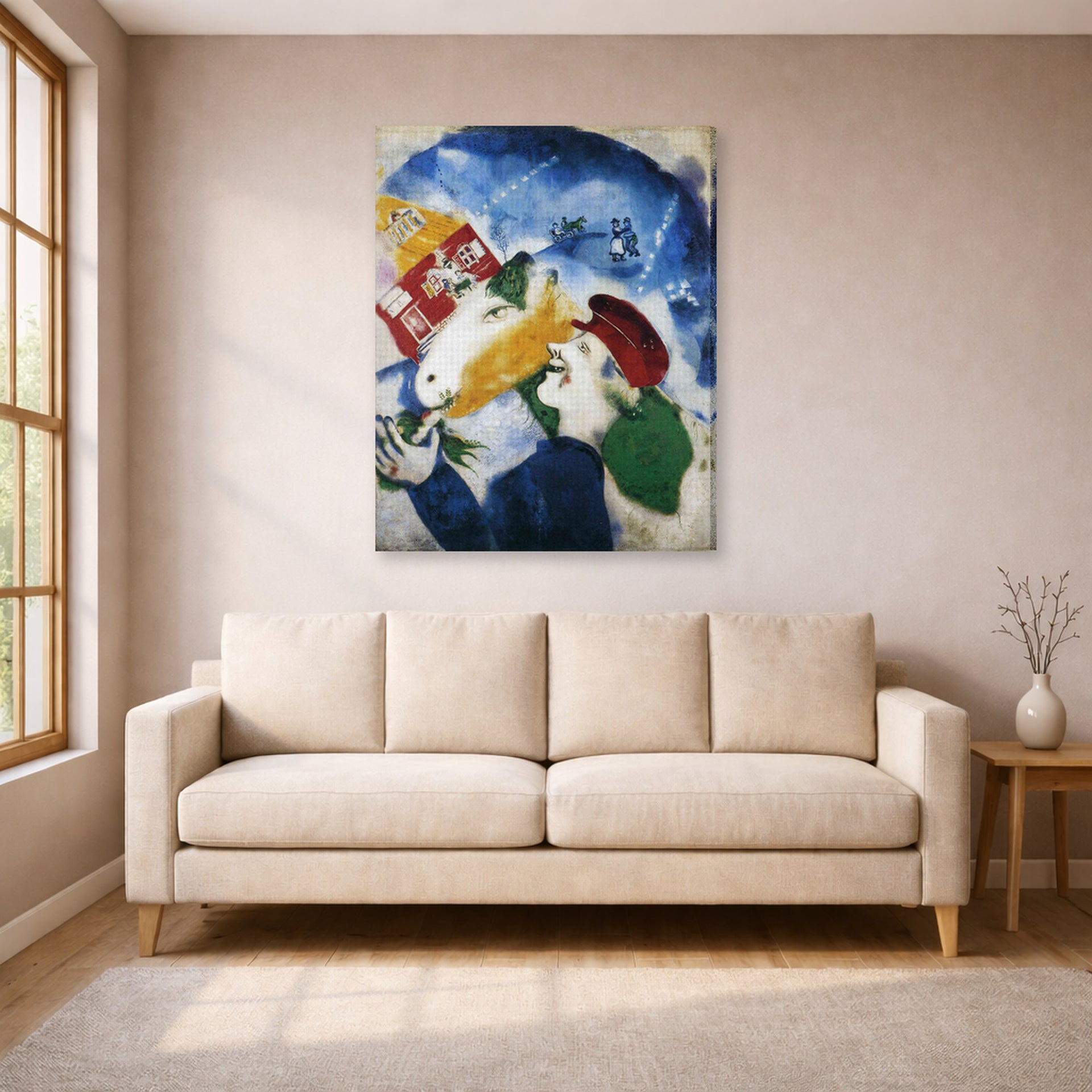 Gallery-wrapped canvas print of Marc Chagall's Peasant Life displayed on a wall in a living room