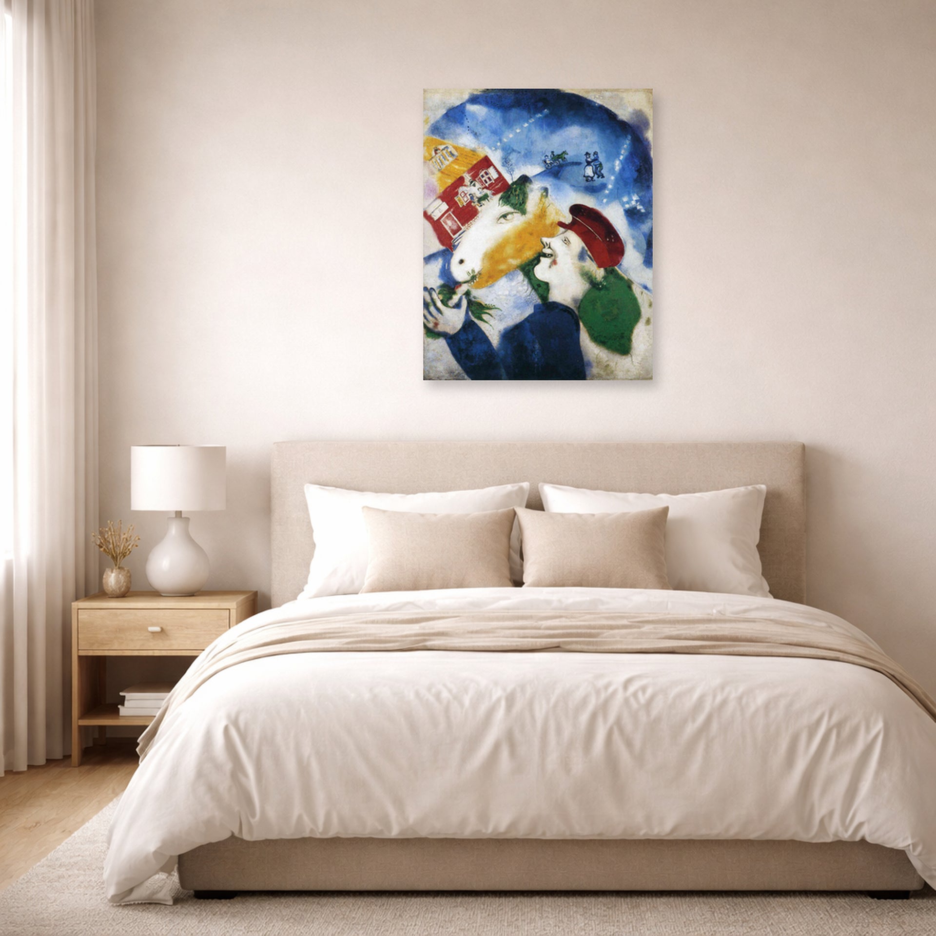 Unframed poster print of Marc Chagall's Peasant Life displayed on a wall in a bedroom