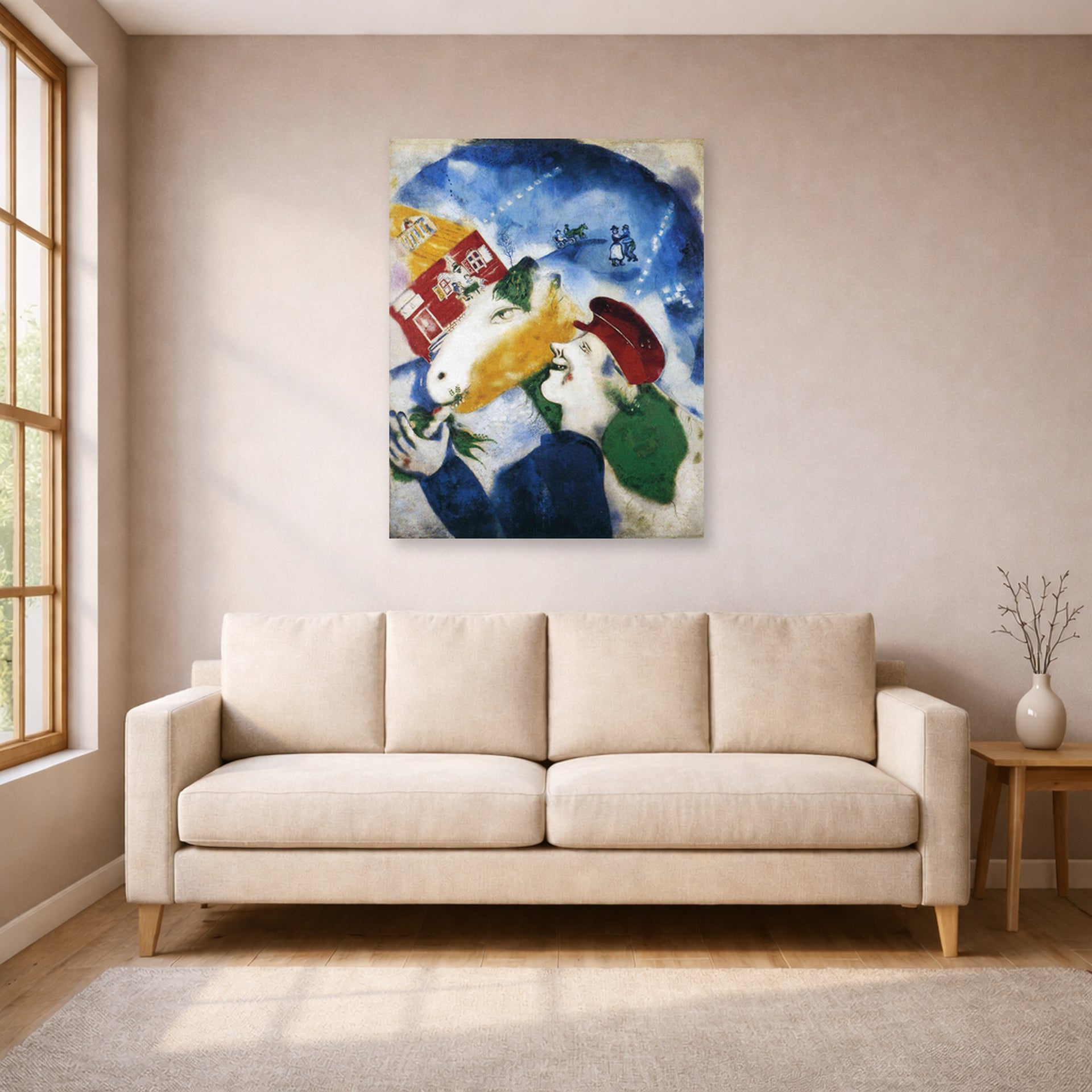 Unframed poster print of Marc Chagall's Peasant Life displayed on a wall in a living room