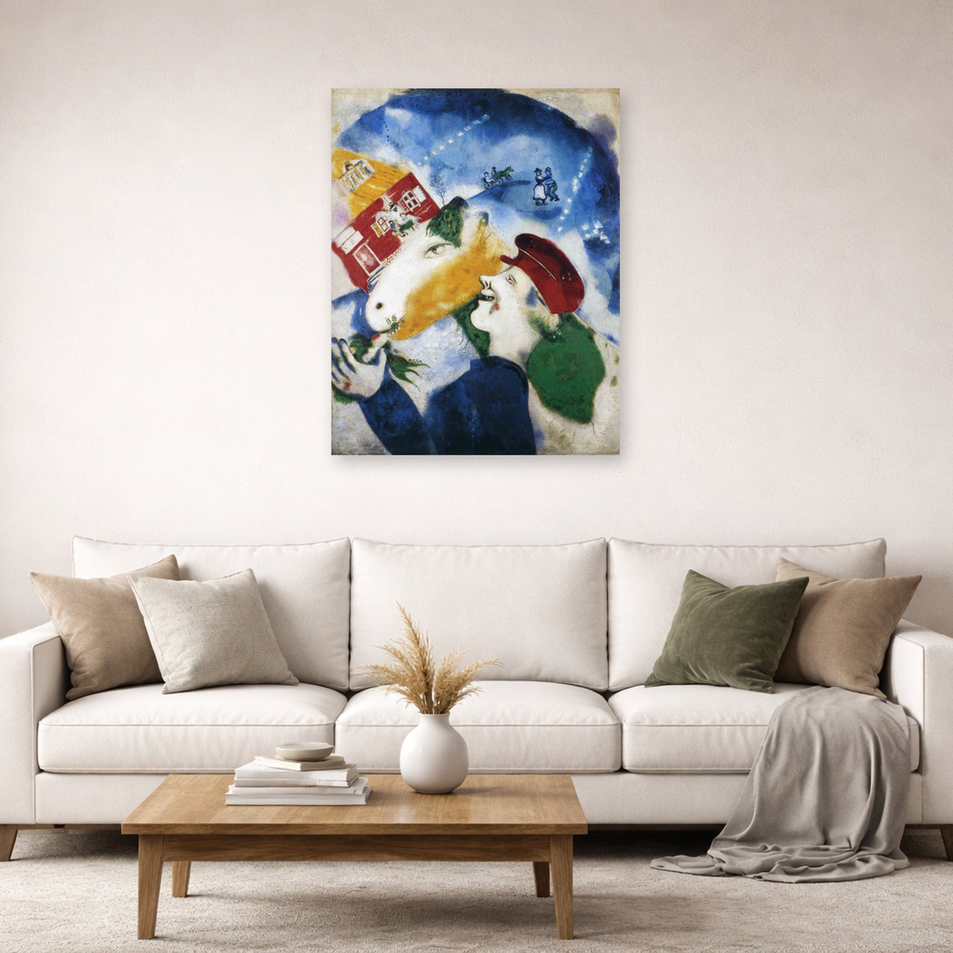 Unframed poster print of Marc Chagall's Peasant Life displayed on a wall in a living room