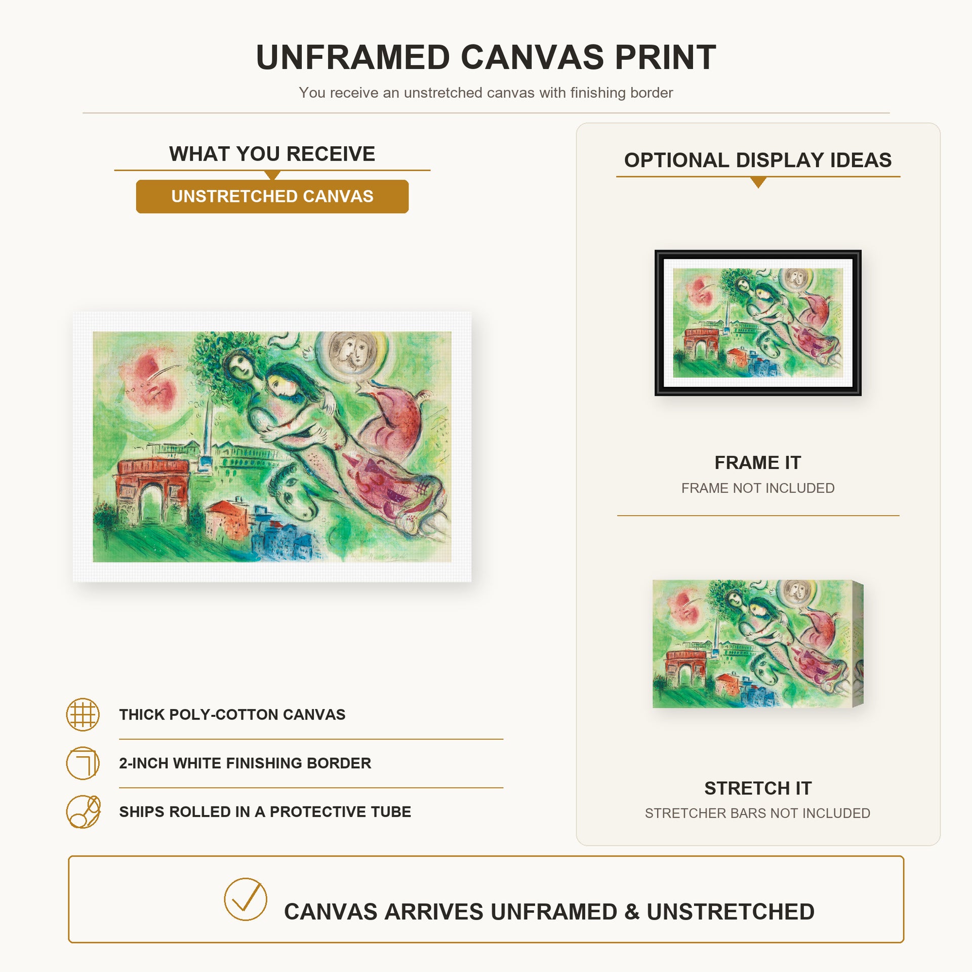 Marc Chagall - Romeo Juliet canvas print size comparison and framing display infographic