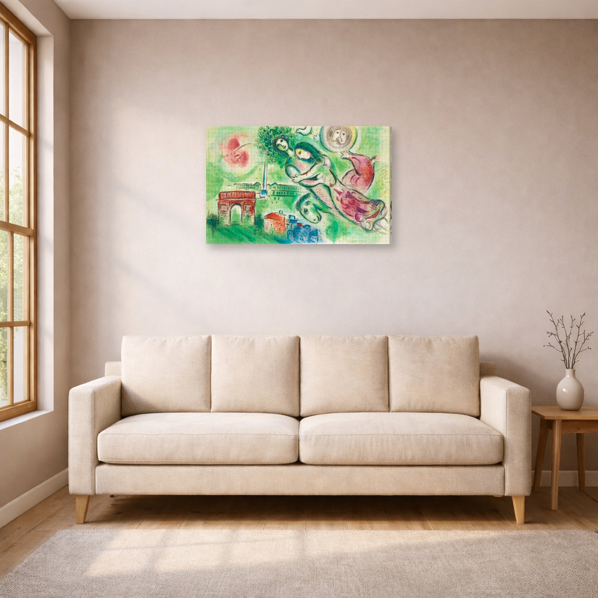 Gallery-wrapped canvas print of Marc Chagall's Romeo Juliet displayed on a wall in a living room