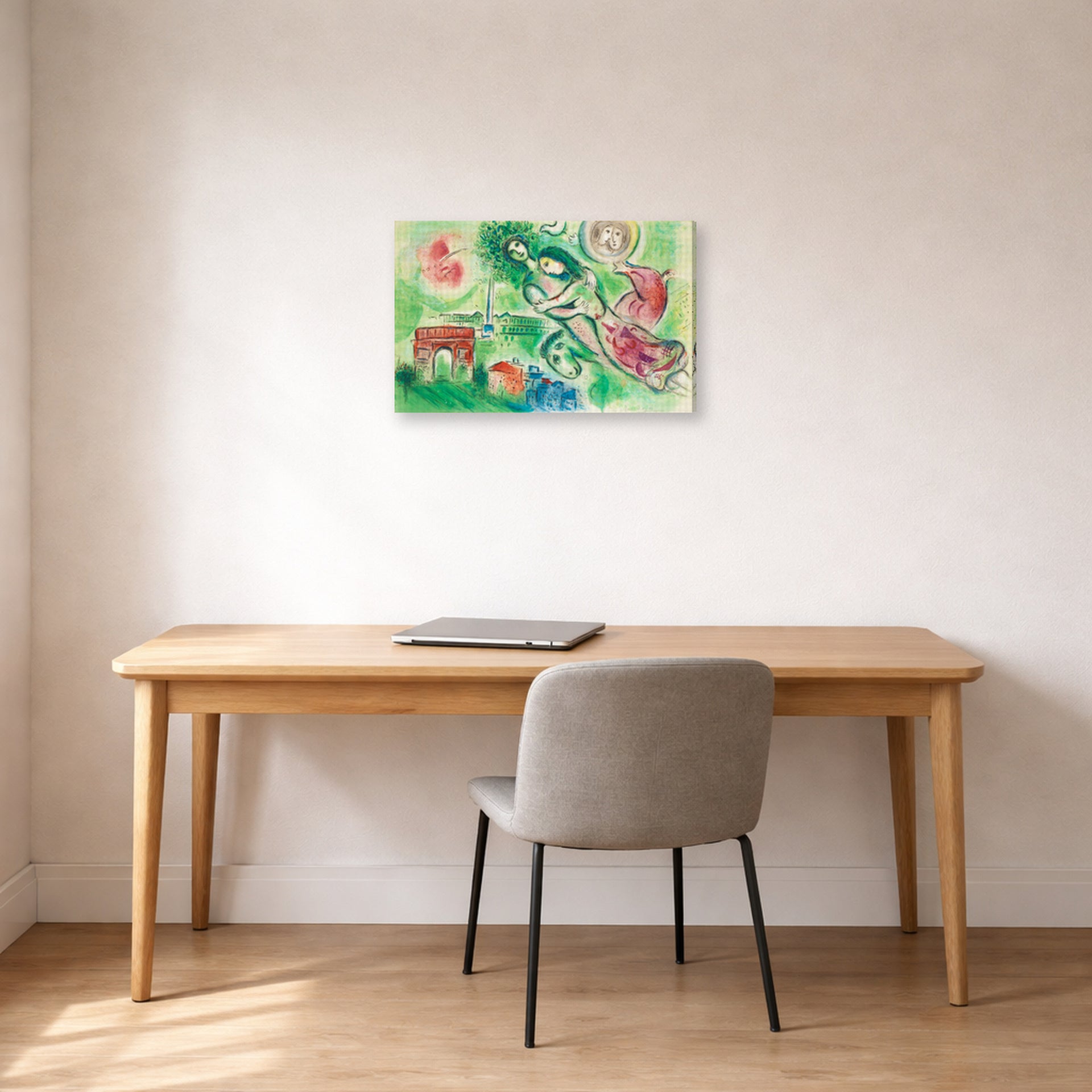 Gallery-wrapped canvas print of Marc Chagall's Romeo Juliet displayed on a wall in an office