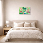 Unframed poster print of Marc Chagall's Romeo Juliet displayed on a wall in a bedroom