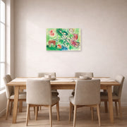 Unframed poster print of Marc Chagall's Romeo Juliet displayed on a wall in a dining room