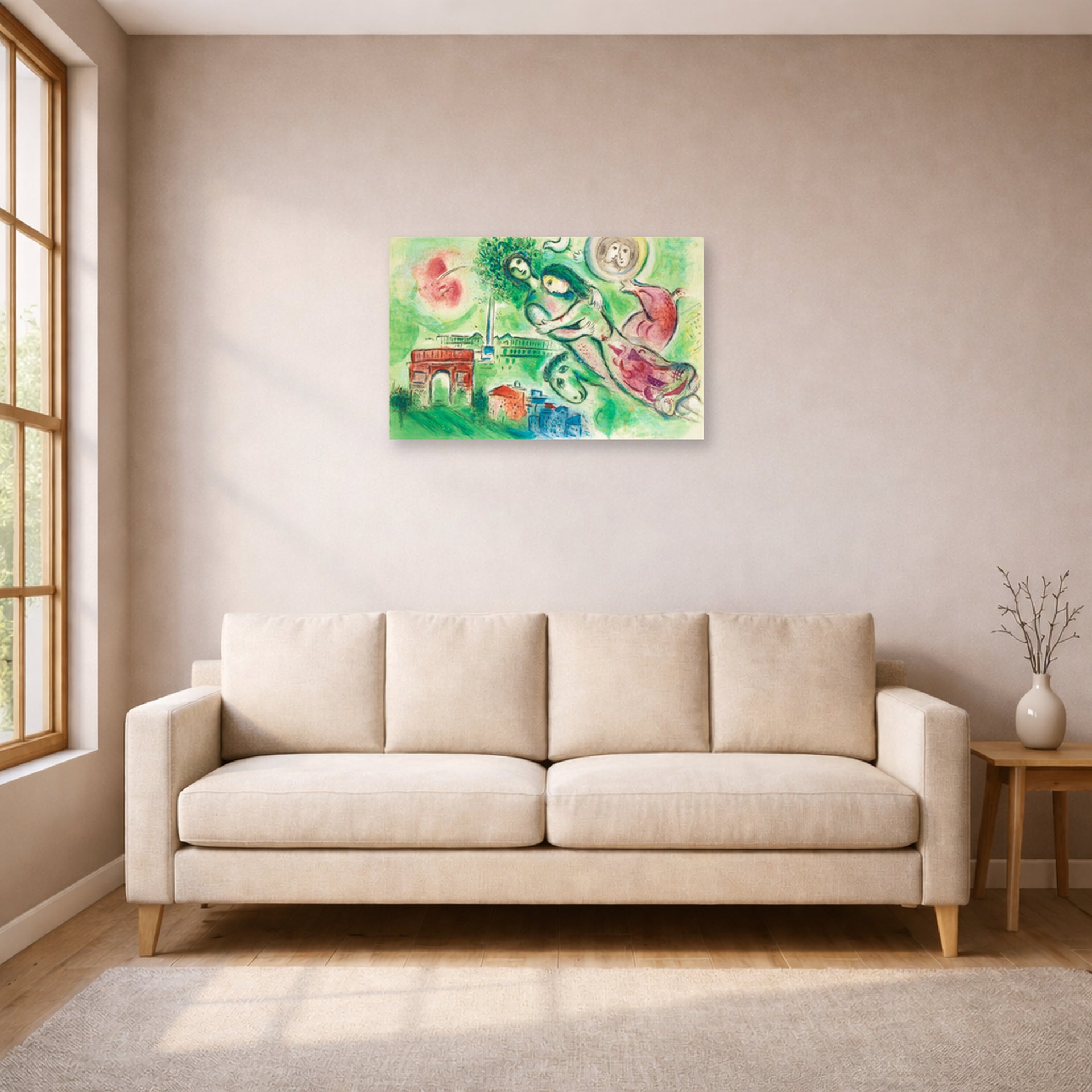 Unframed poster print of Marc Chagall's Romeo Juliet displayed on a wall in a living room