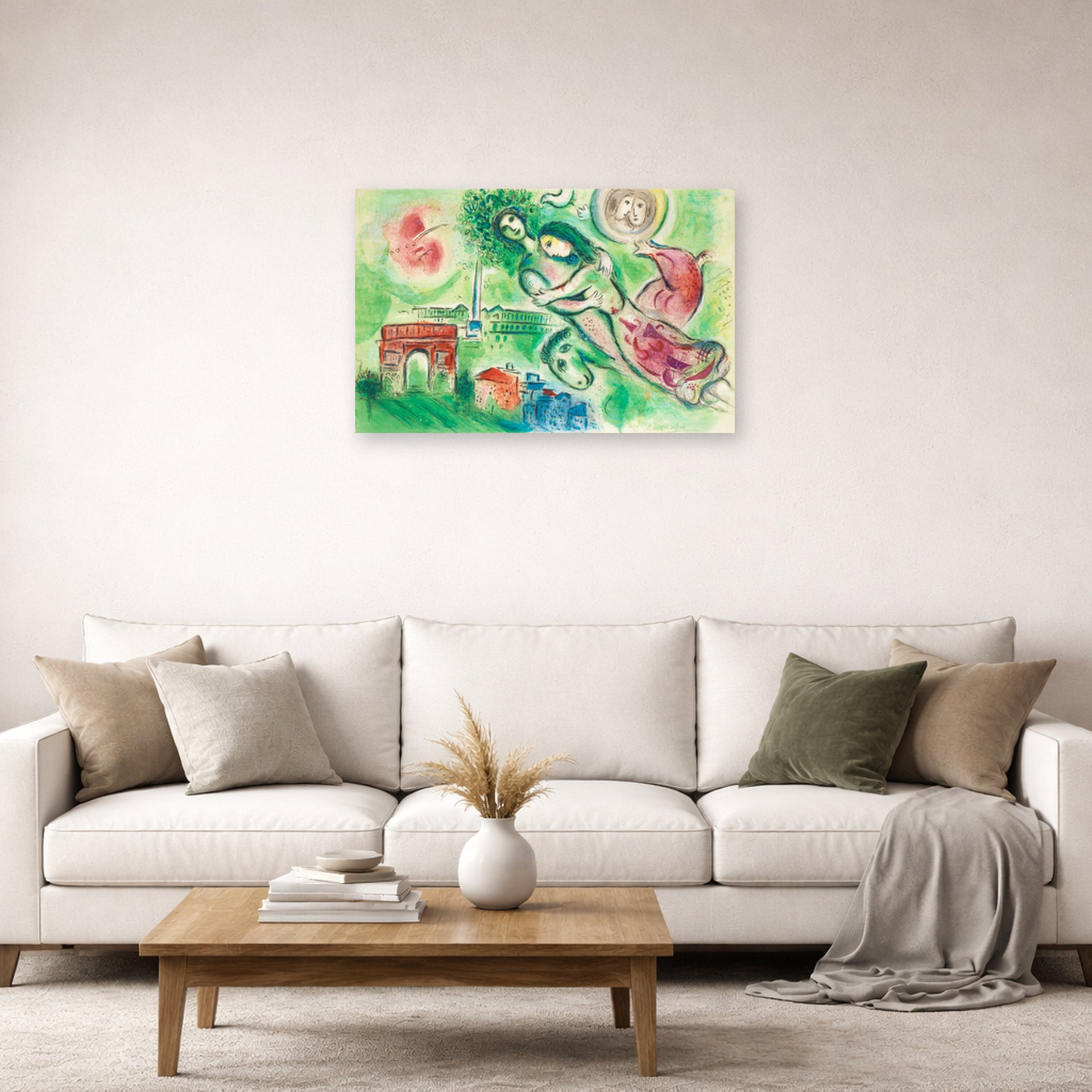 Unframed poster print of Marc Chagall's Romeo Juliet displayed on a wall in a living room
