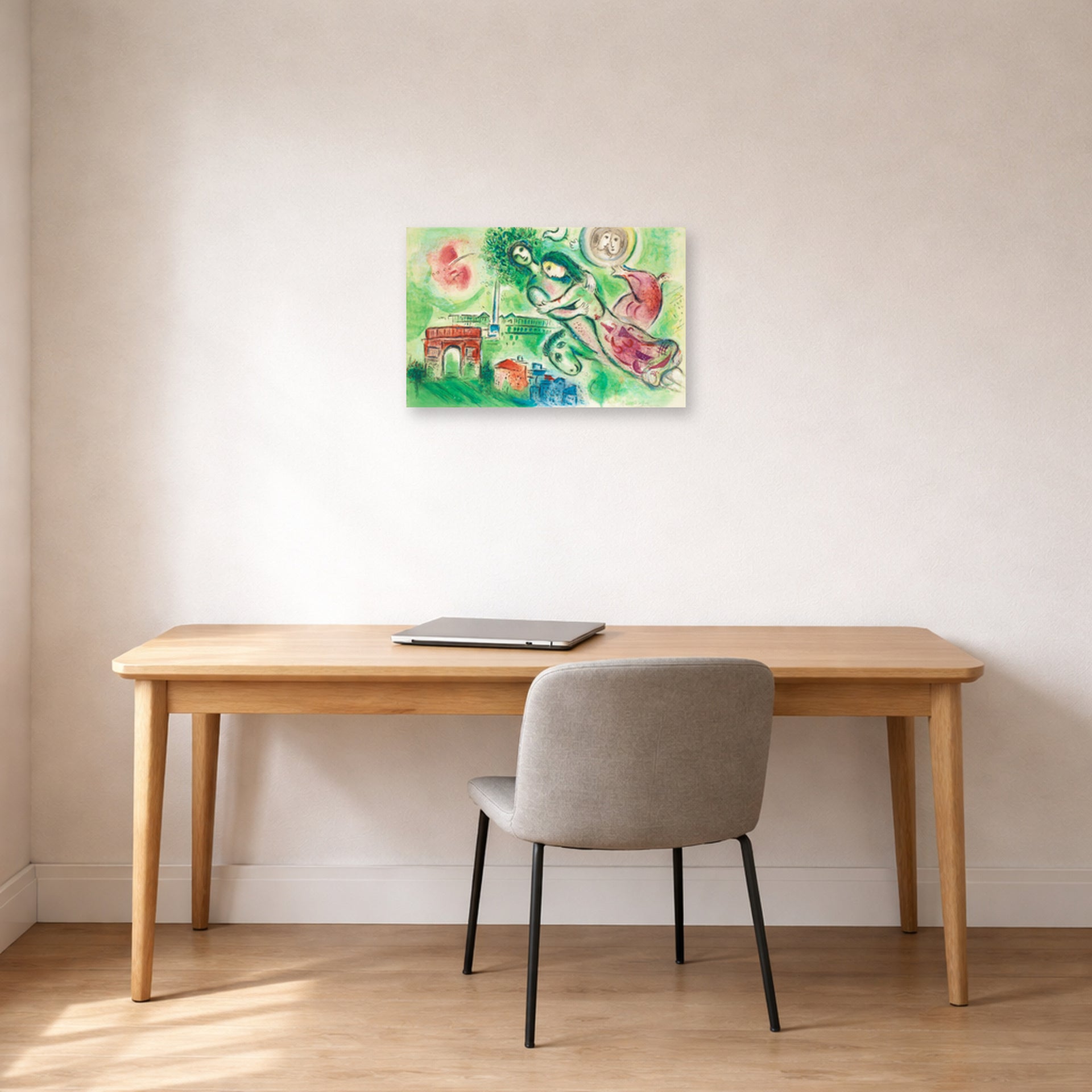 Unframed poster print of Marc Chagall's Romeo Juliet displayed on a wall in an office