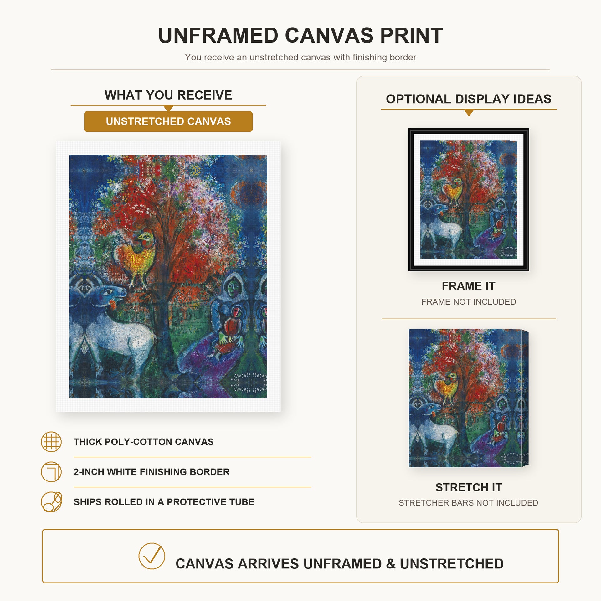 Marc Chagall - Scene Champetre canvas print size comparison and framing display infographic